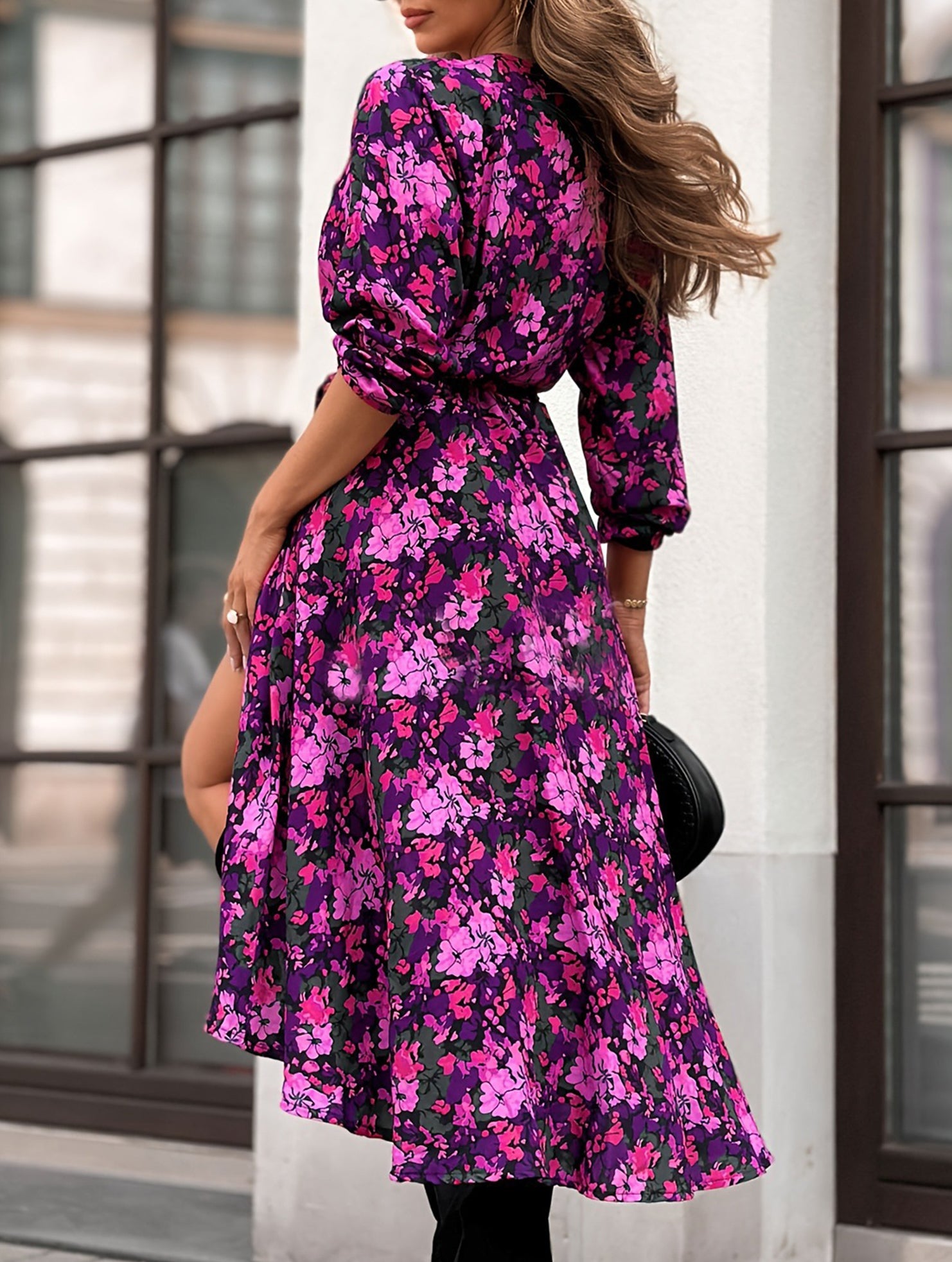V Neck Tie Waist Long Sleeve Dress_CWDSD11628