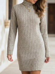 Stylish brushed striped turtleneck long-sleeved dress_CWDSD11629