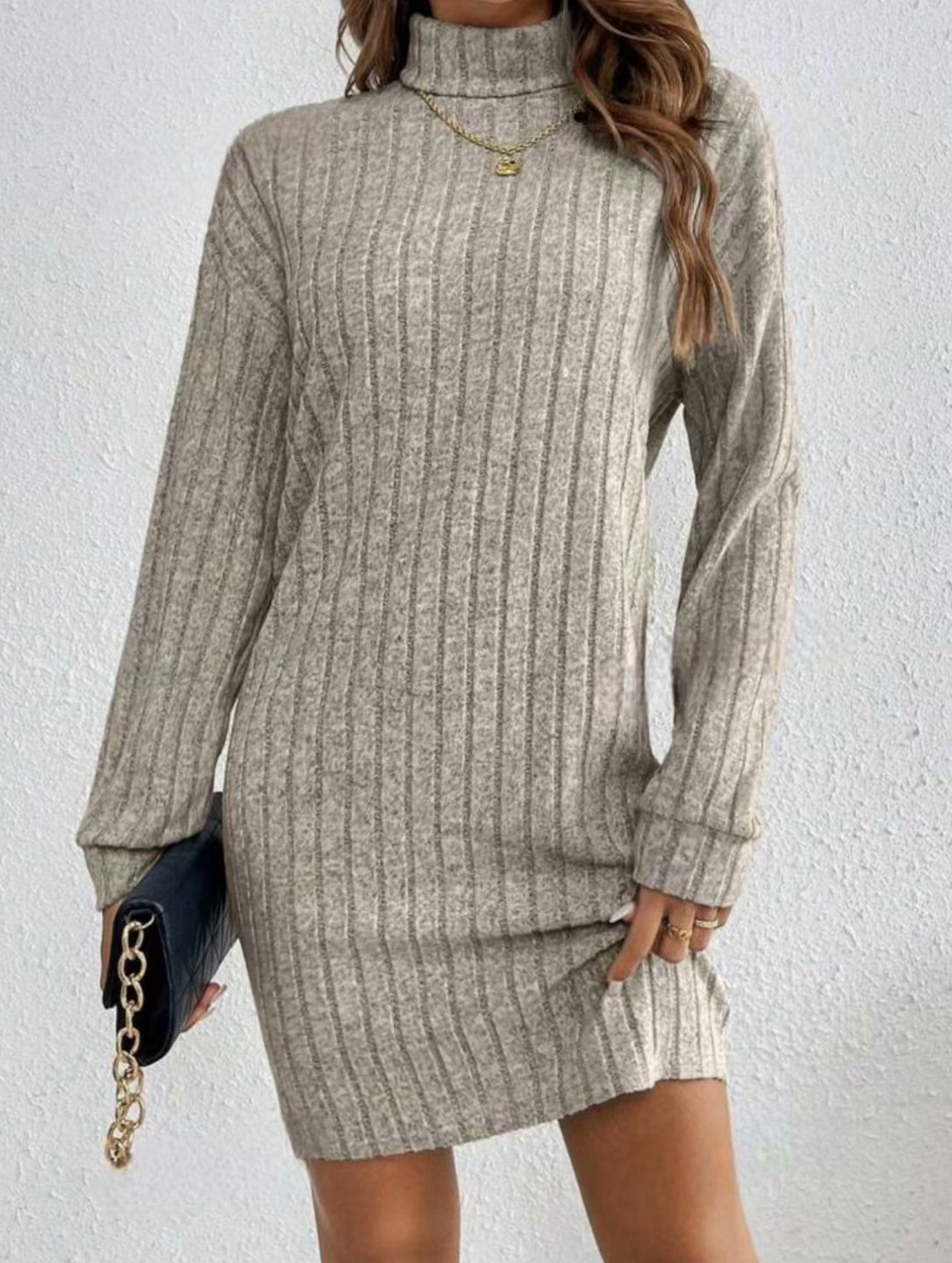 Stylish brushed striped turtleneck long-sleeved dress_CWDSD11629