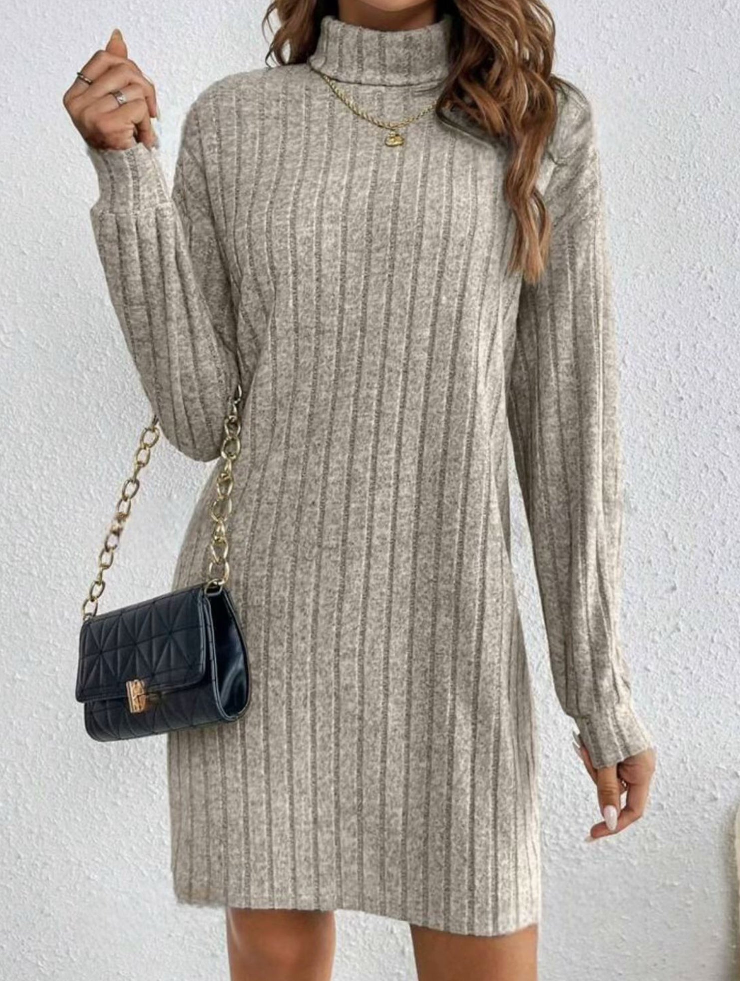 Stylish brushed striped turtleneck long-sleeved dress_CWDSD11629