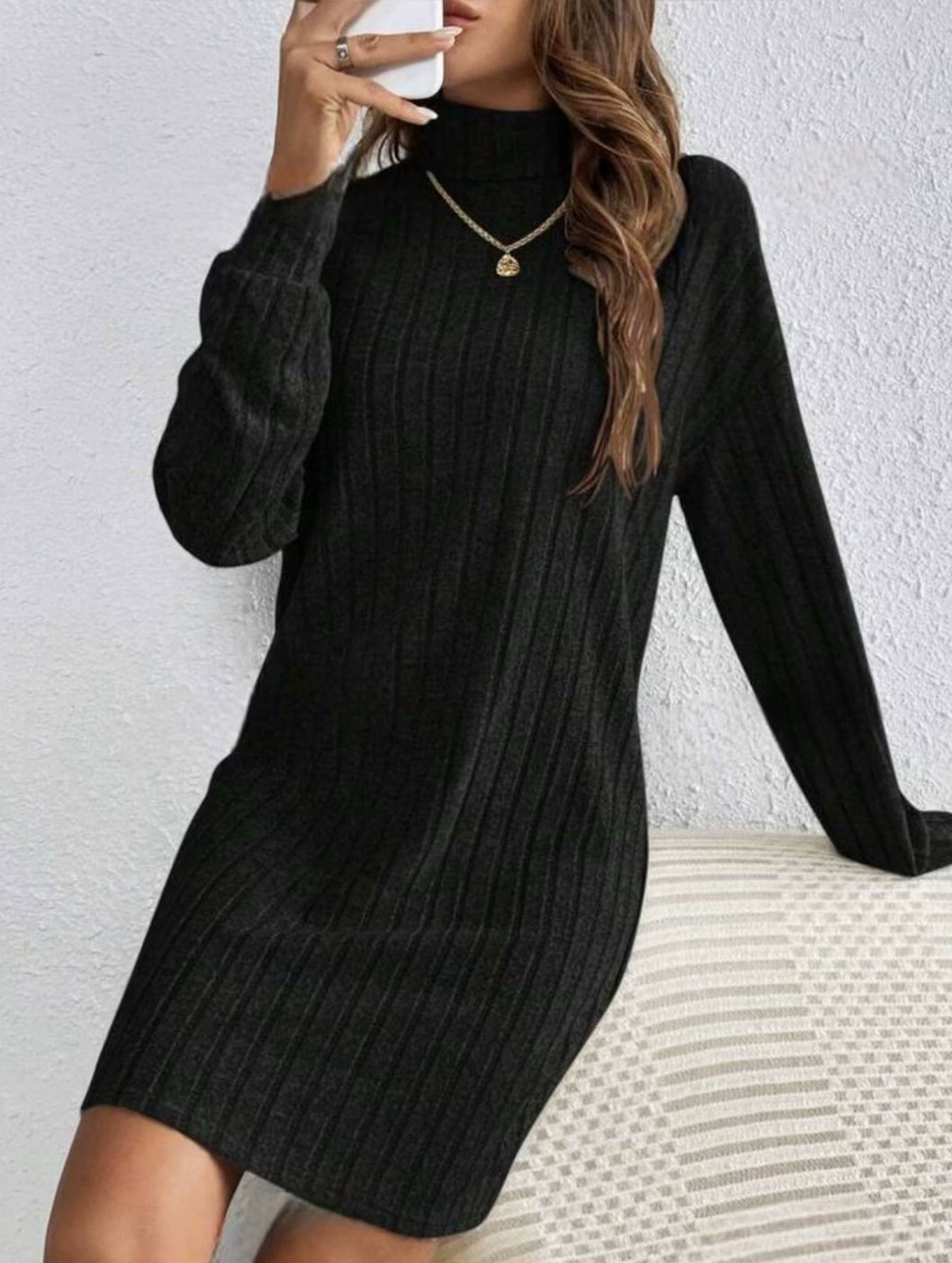 Stylish brushed striped turtleneck long-sleeved dress_CWDSD11629