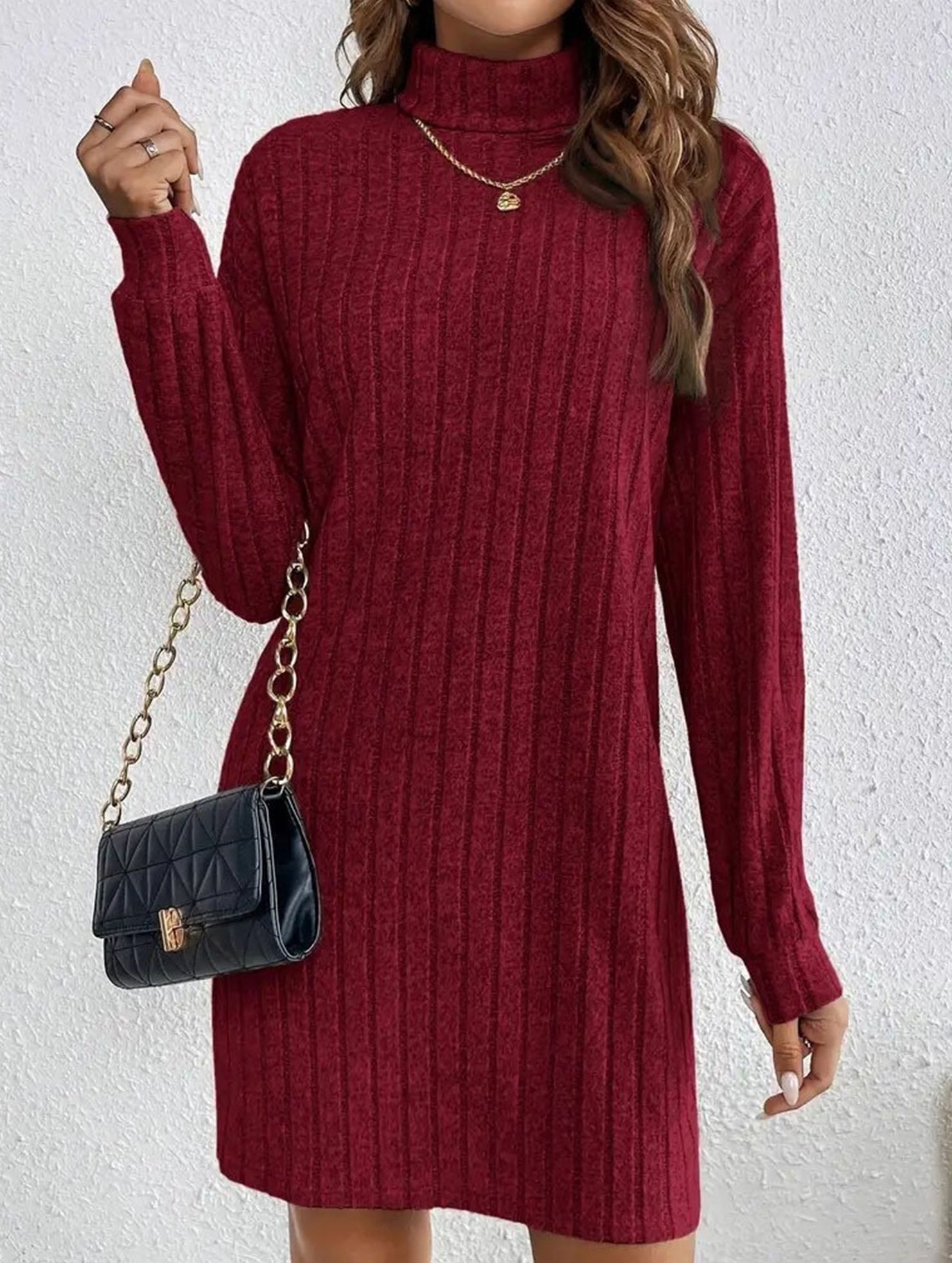 Stylish brushed striped turtleneck long-sleeved dress_CWDSD11629