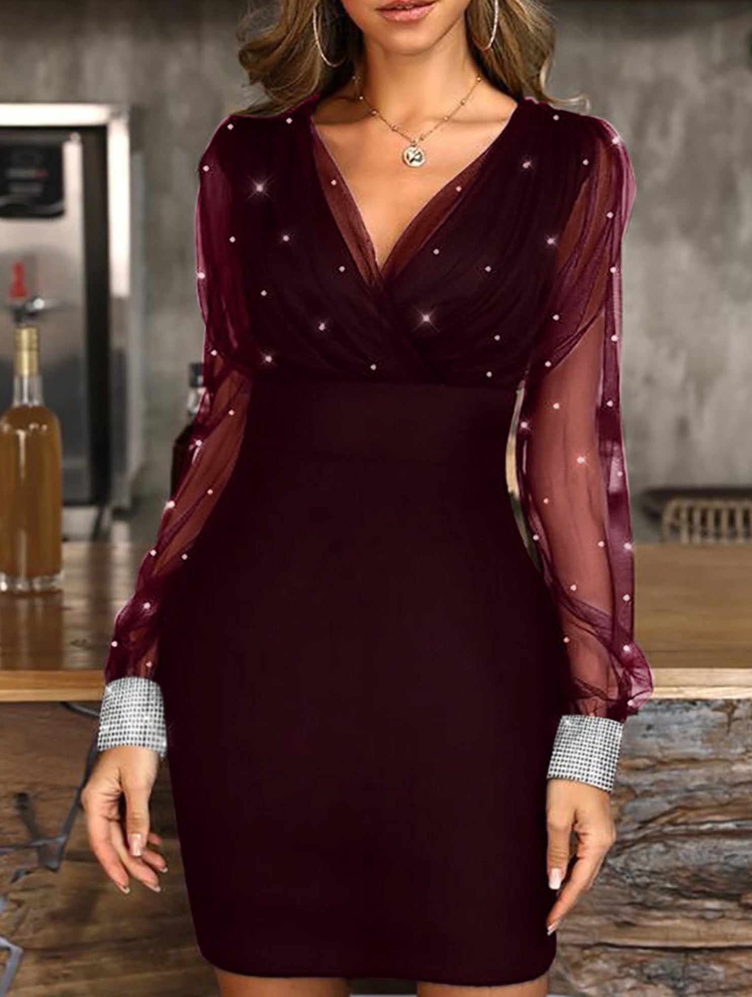 Women's Mesh Beaded Dress - Slim Fit and Sexy