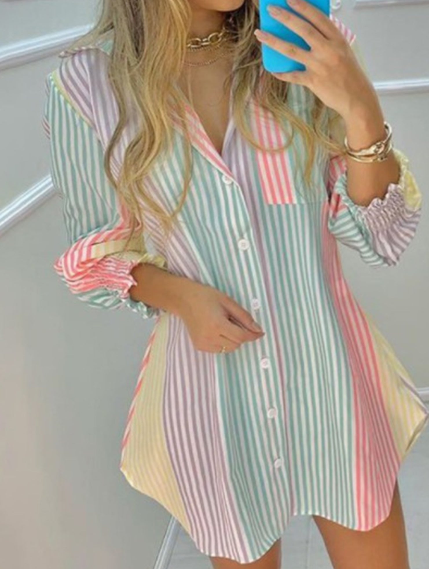 Women's V-neck button-down striped shirt dress_CWDSD11635