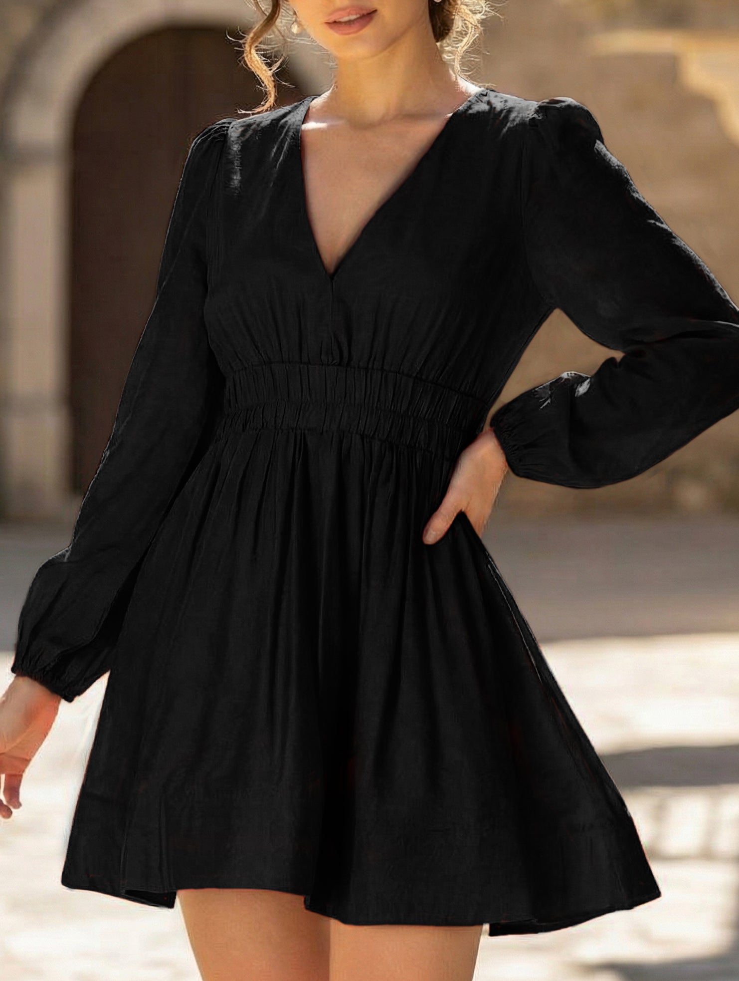 Slimming deep V-neck pleated dress for women