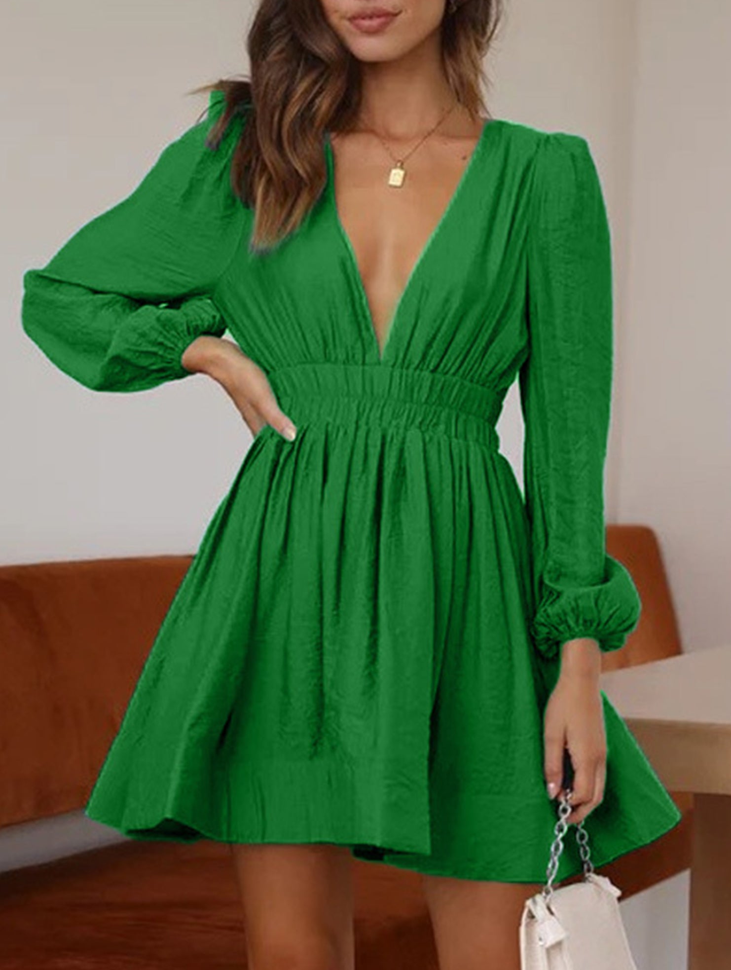 Slimming deep V-neck pleated dress for women