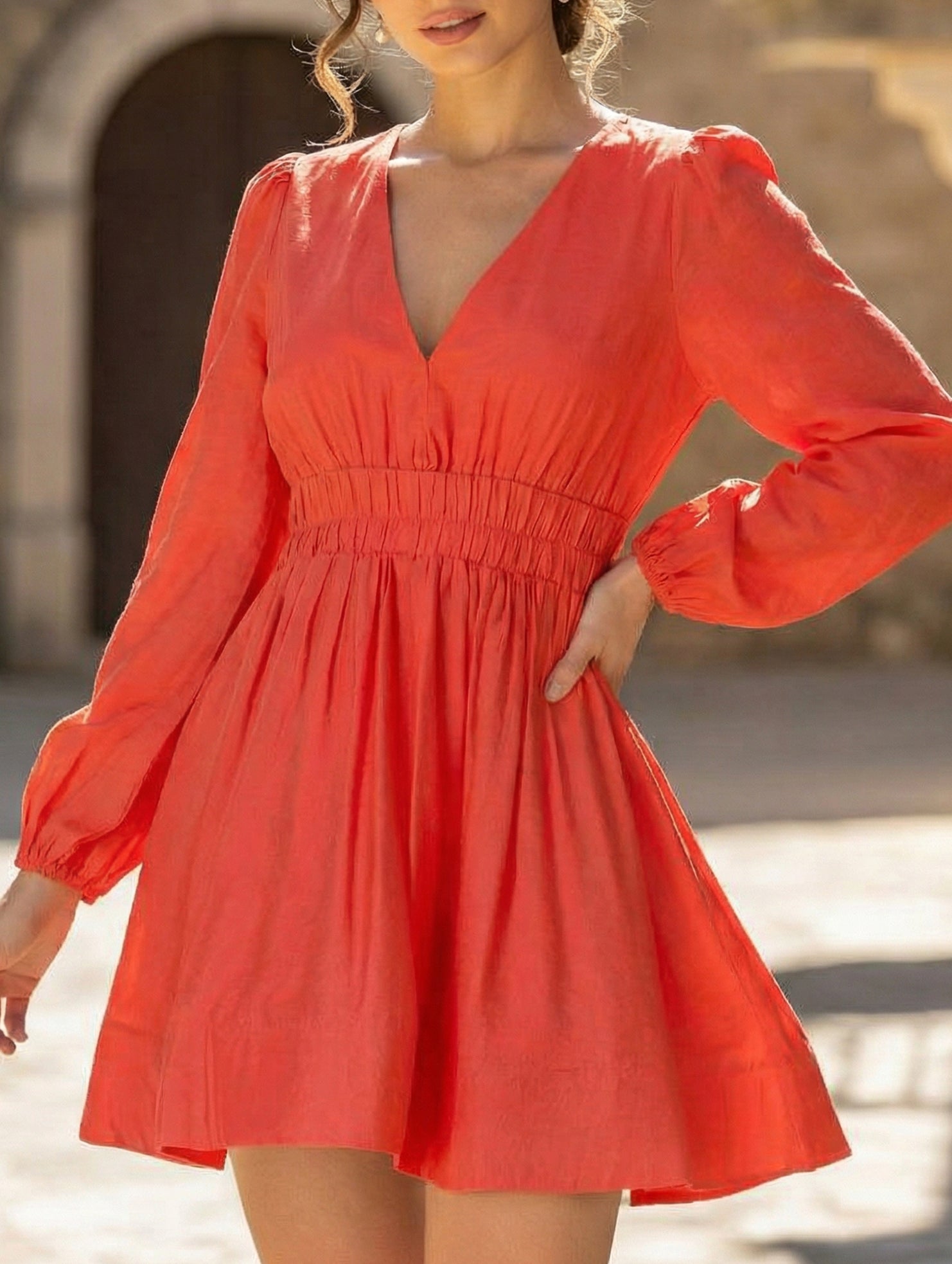 Slimming deep V-neck pleated dress for women