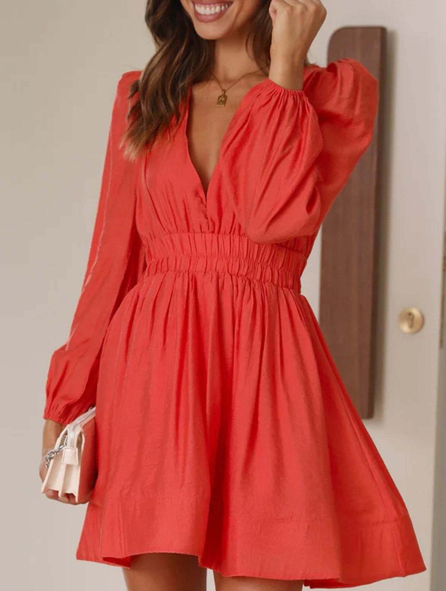 Slimming deep V-neck pleated dress for women