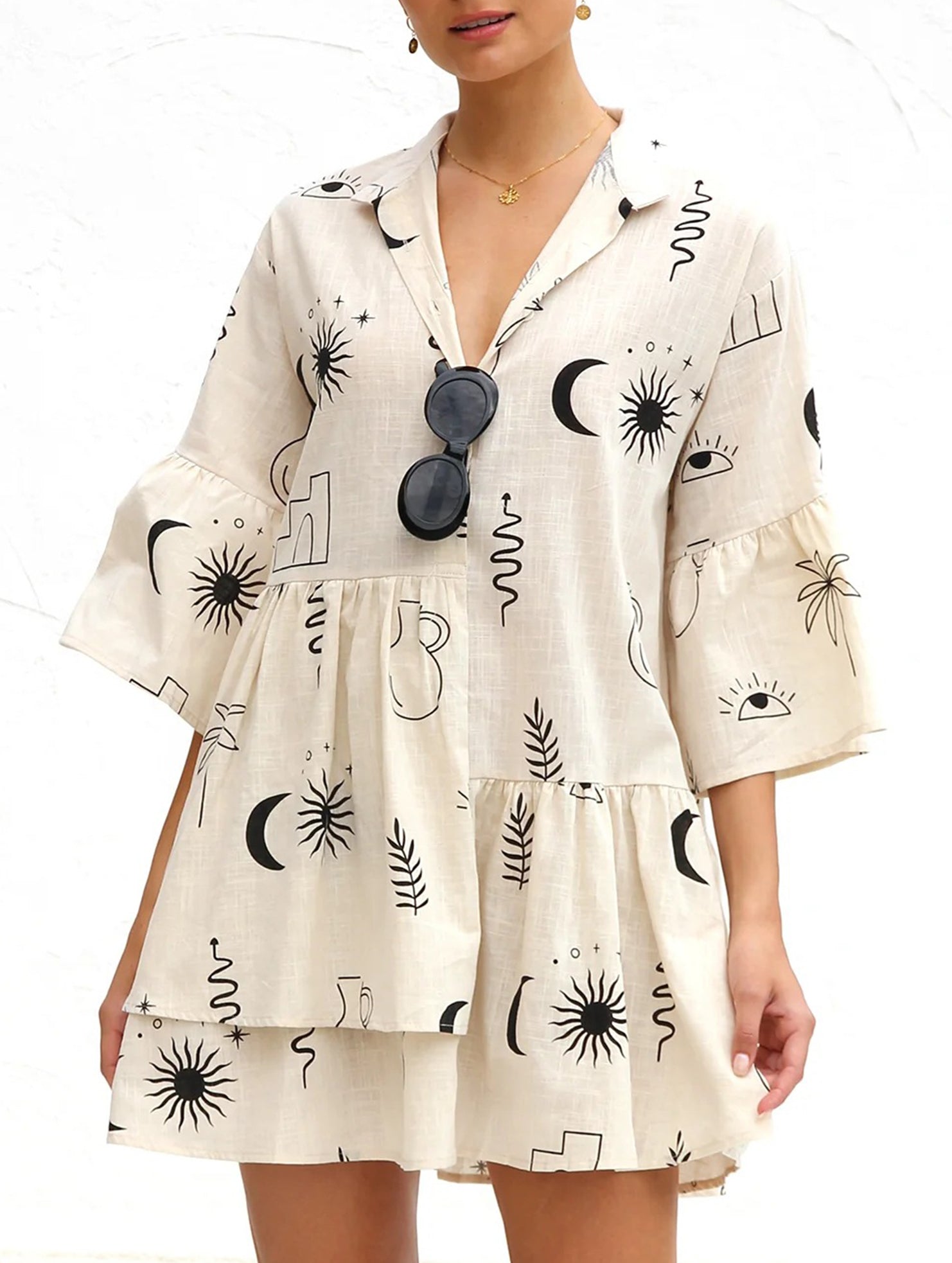 Comfortable bell-sleeved ethnic-style loose dress