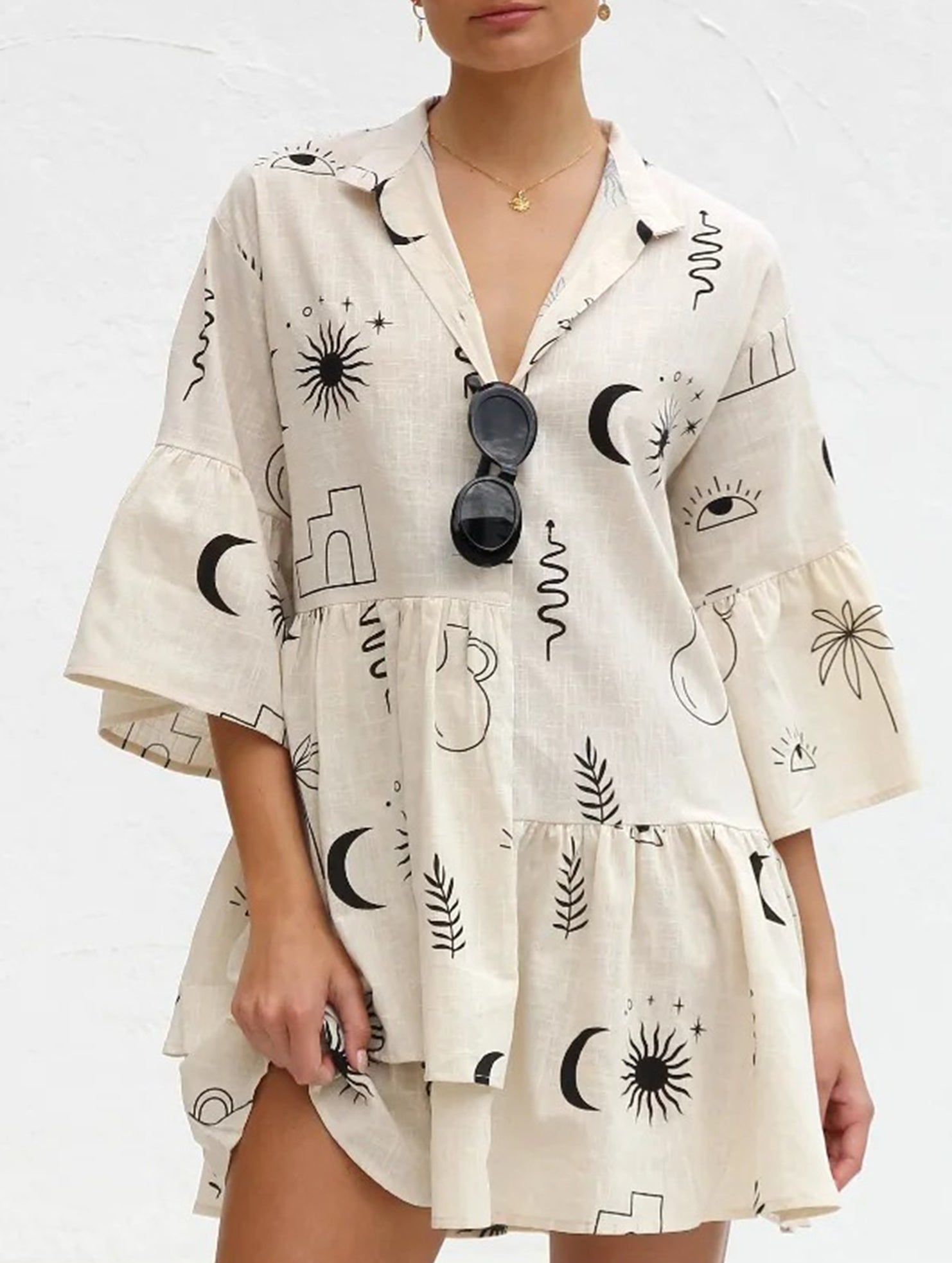 Comfortable bell-sleeved ethnic-style loose dress