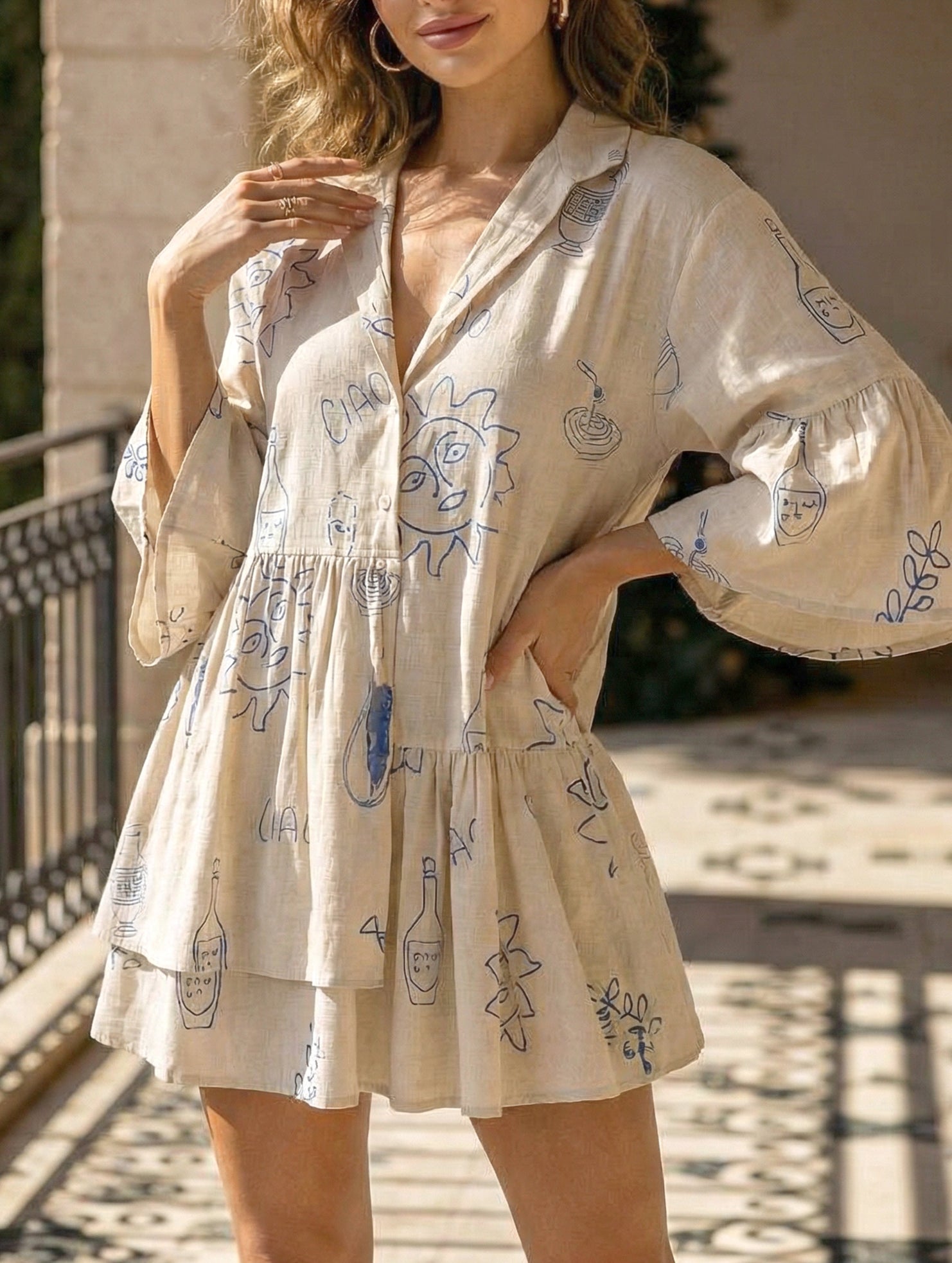 Comfortable bell-sleeved ethnic-style loose dress
