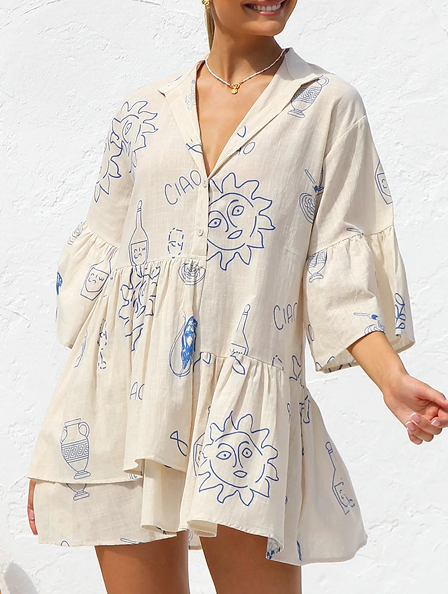 Comfortable bell-sleeved ethnic-style loose dress