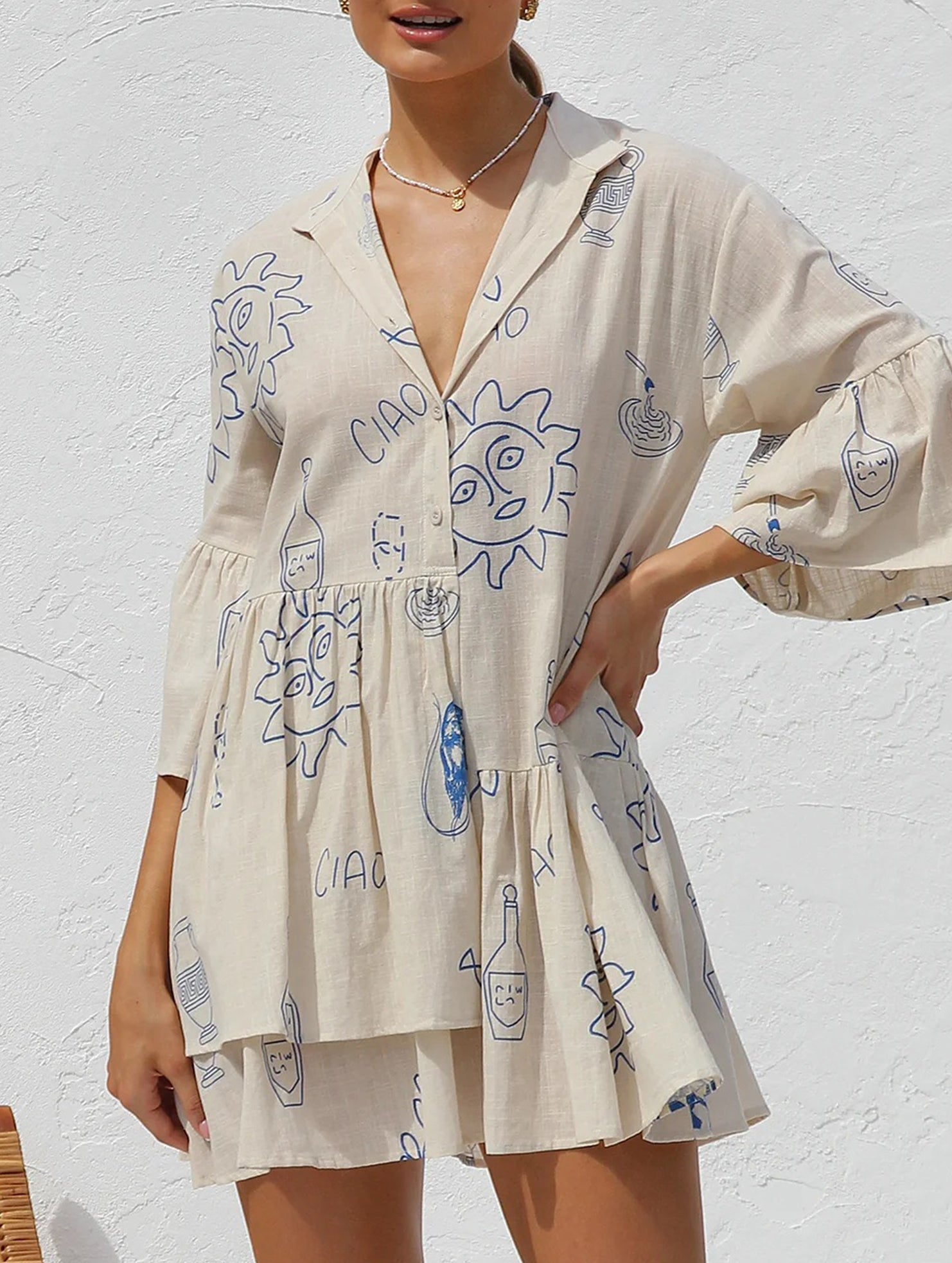 Comfortable bell-sleeved ethnic-style loose dress