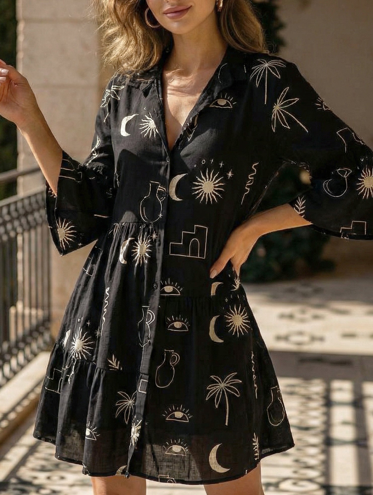 Comfortable bell-sleeved ethnic-style loose dress