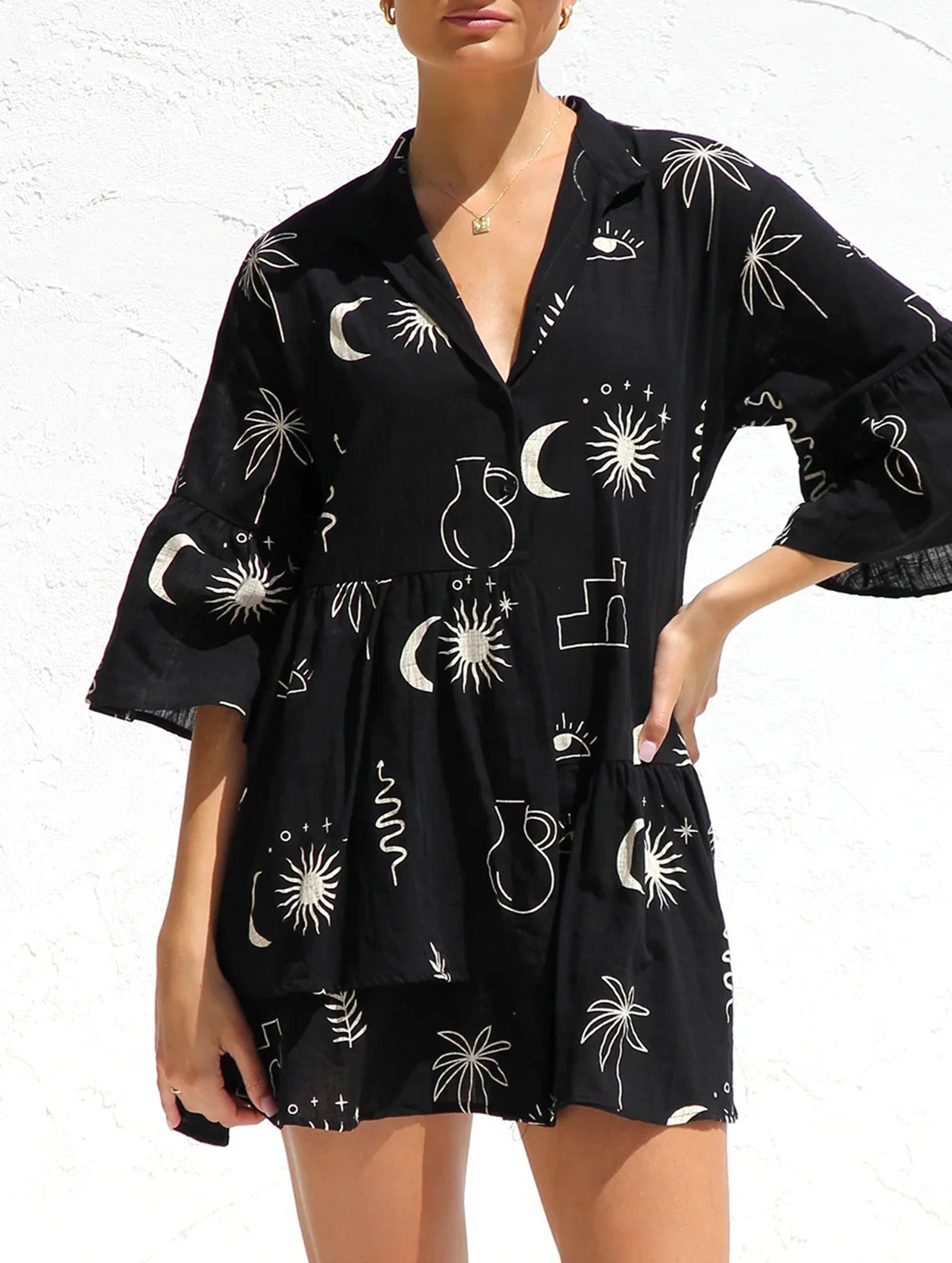 Comfortable bell-sleeved ethnic-style loose dress