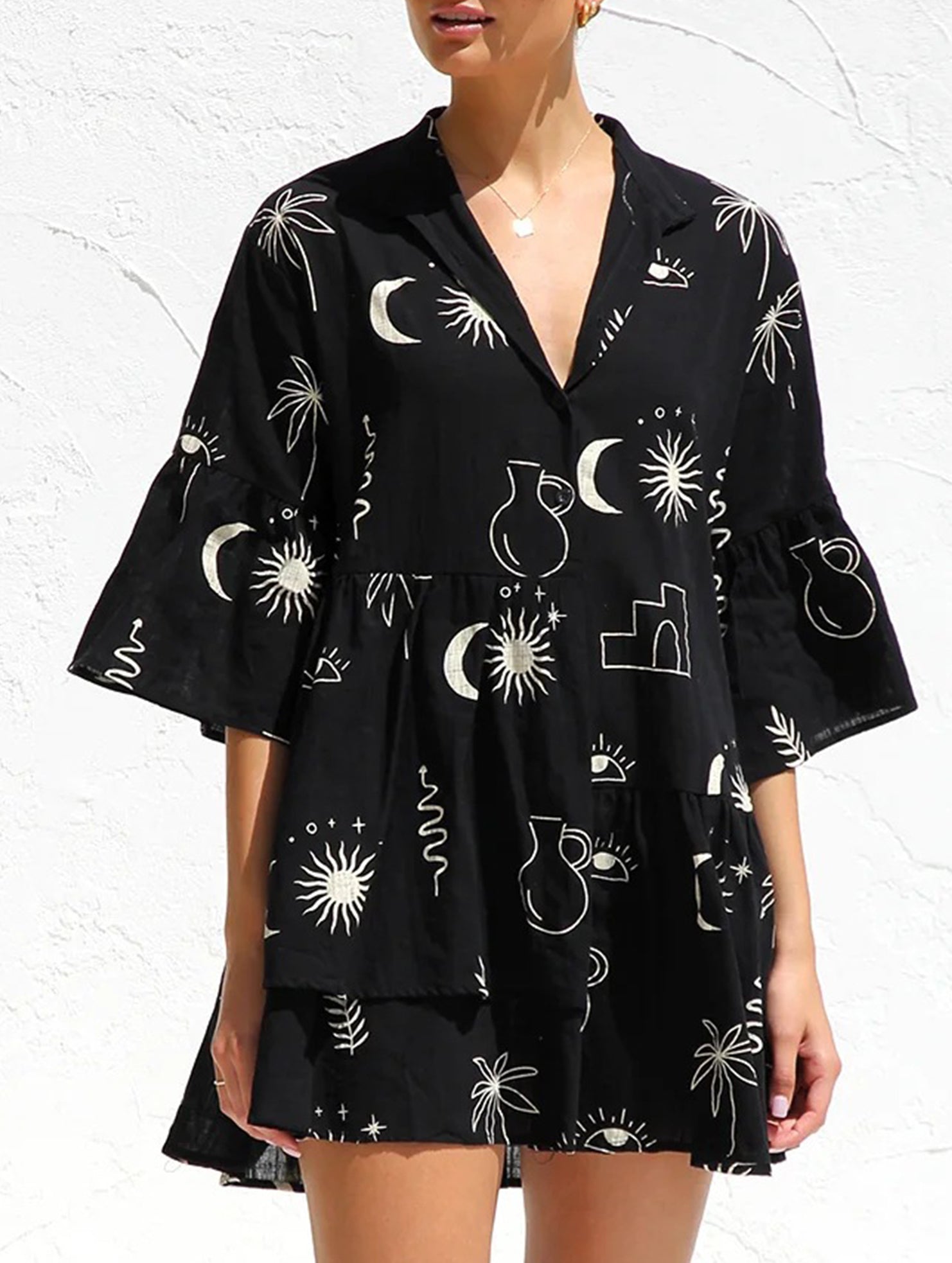 Comfortable bell-sleeved ethnic-style loose dress