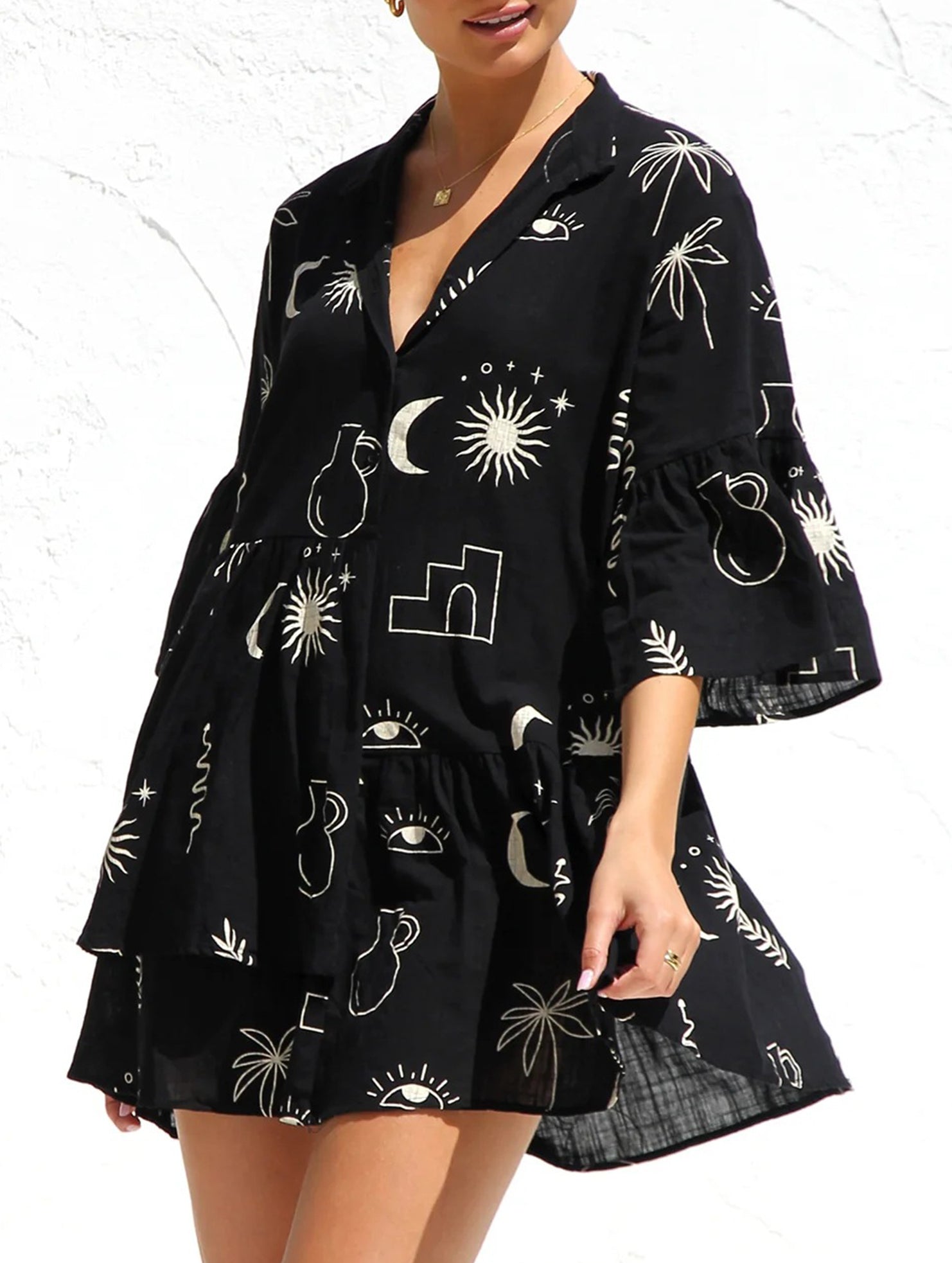 Comfortable bell-sleeved ethnic-style loose dress
