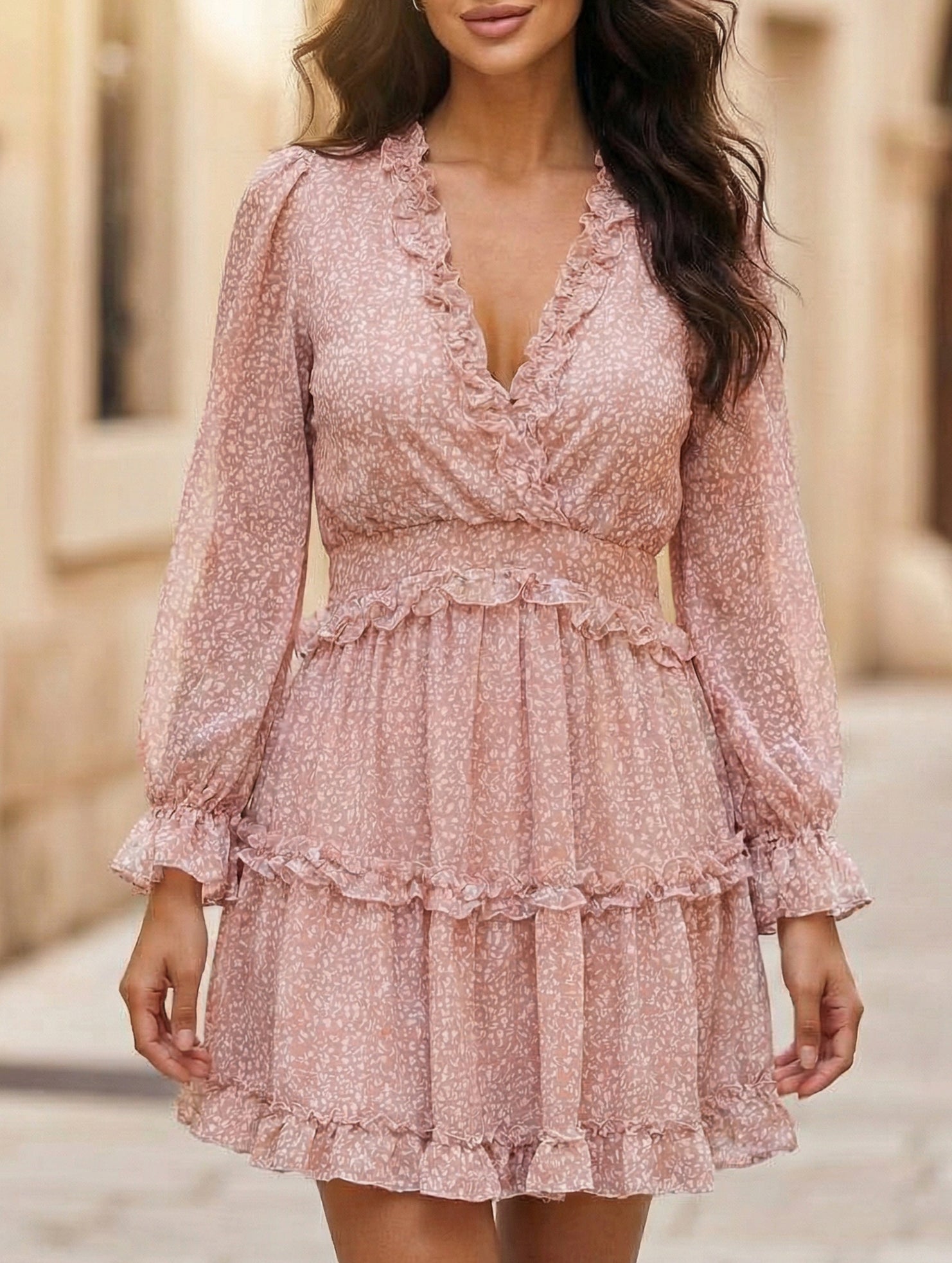 V-neck fitted waist puff sleeve chiffon dress