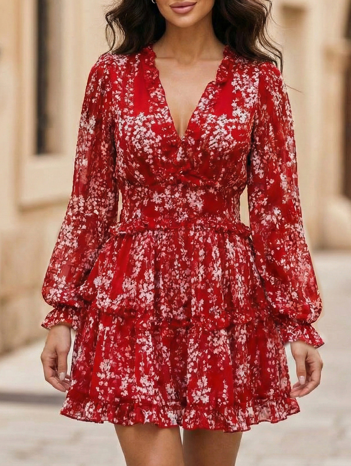 V-neck fitted waist puff sleeve chiffon dress