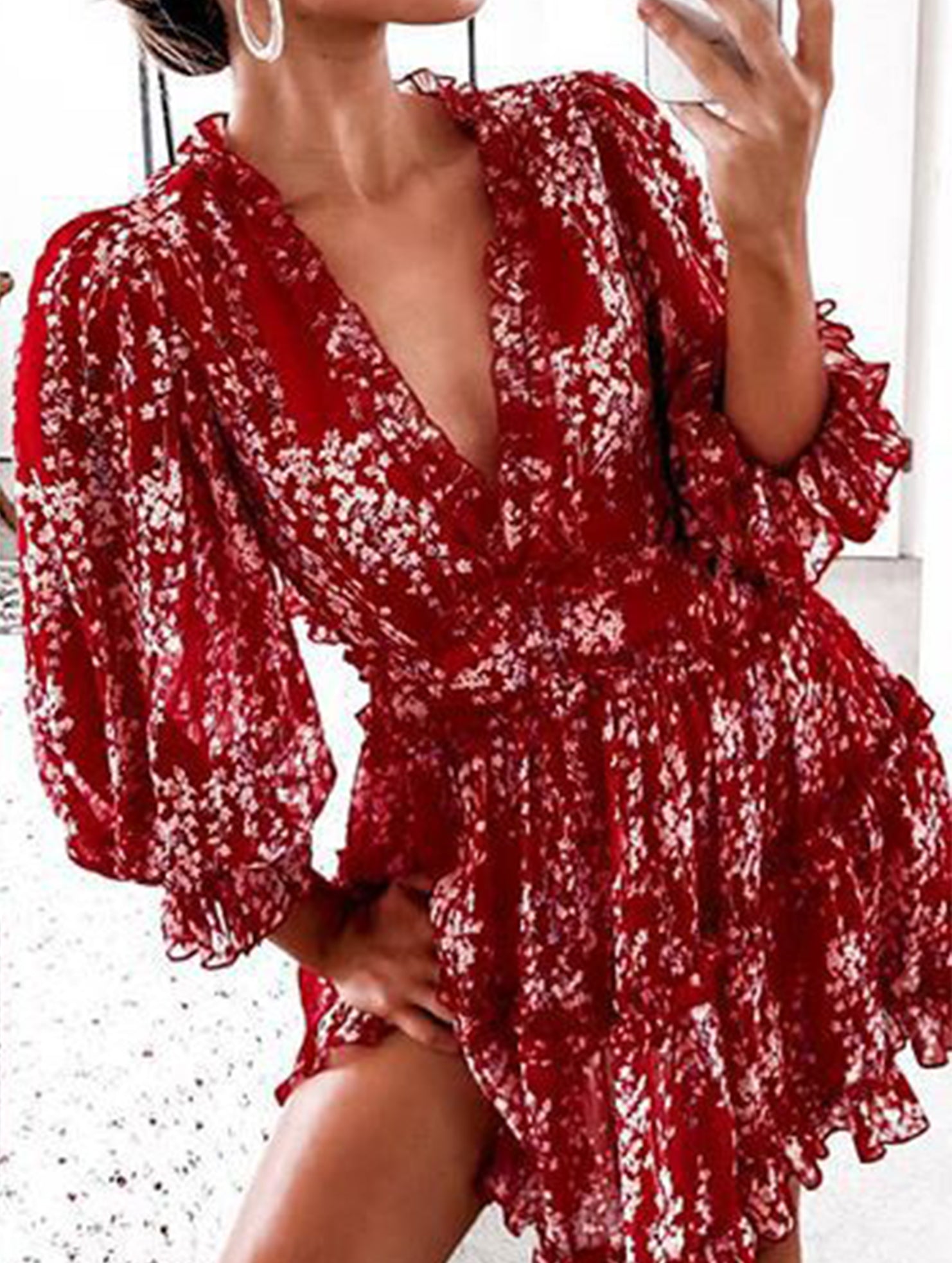 V-neck fitted waist puff sleeve chiffon dress