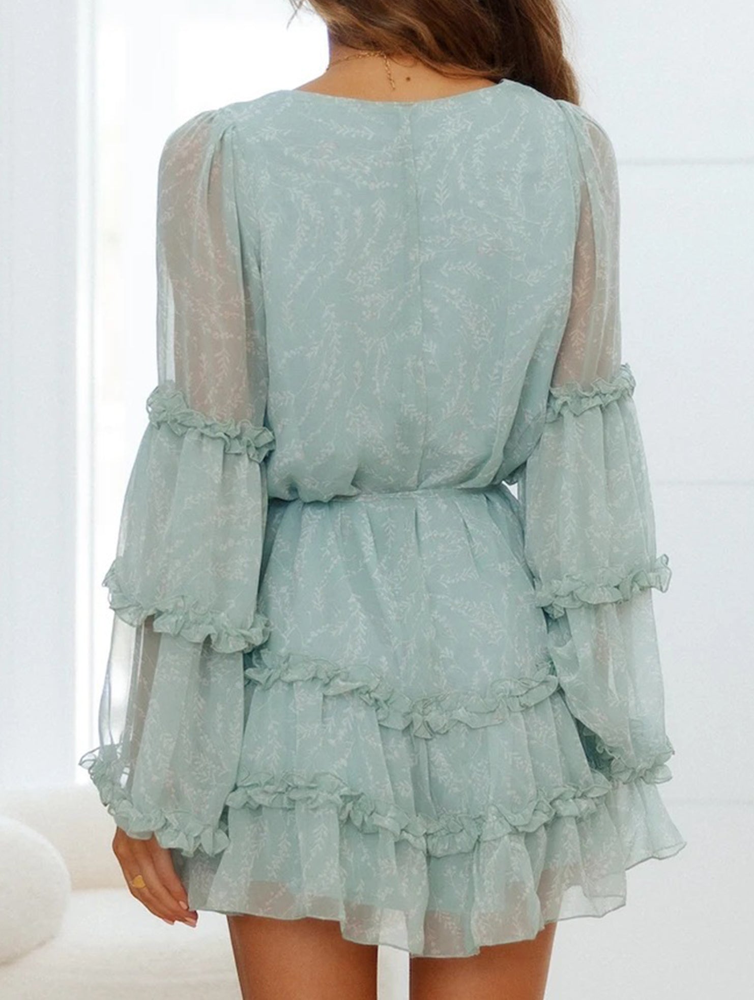 Lace-trimmed, belted, fitted chiffon dress for women