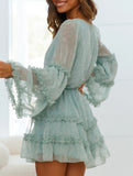 Lace-trimmed, belted, fitted chiffon dress for women