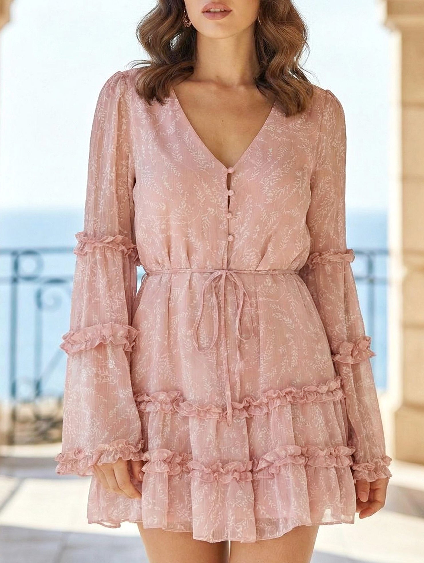 Lace-trimmed, belted, fitted chiffon dress for women