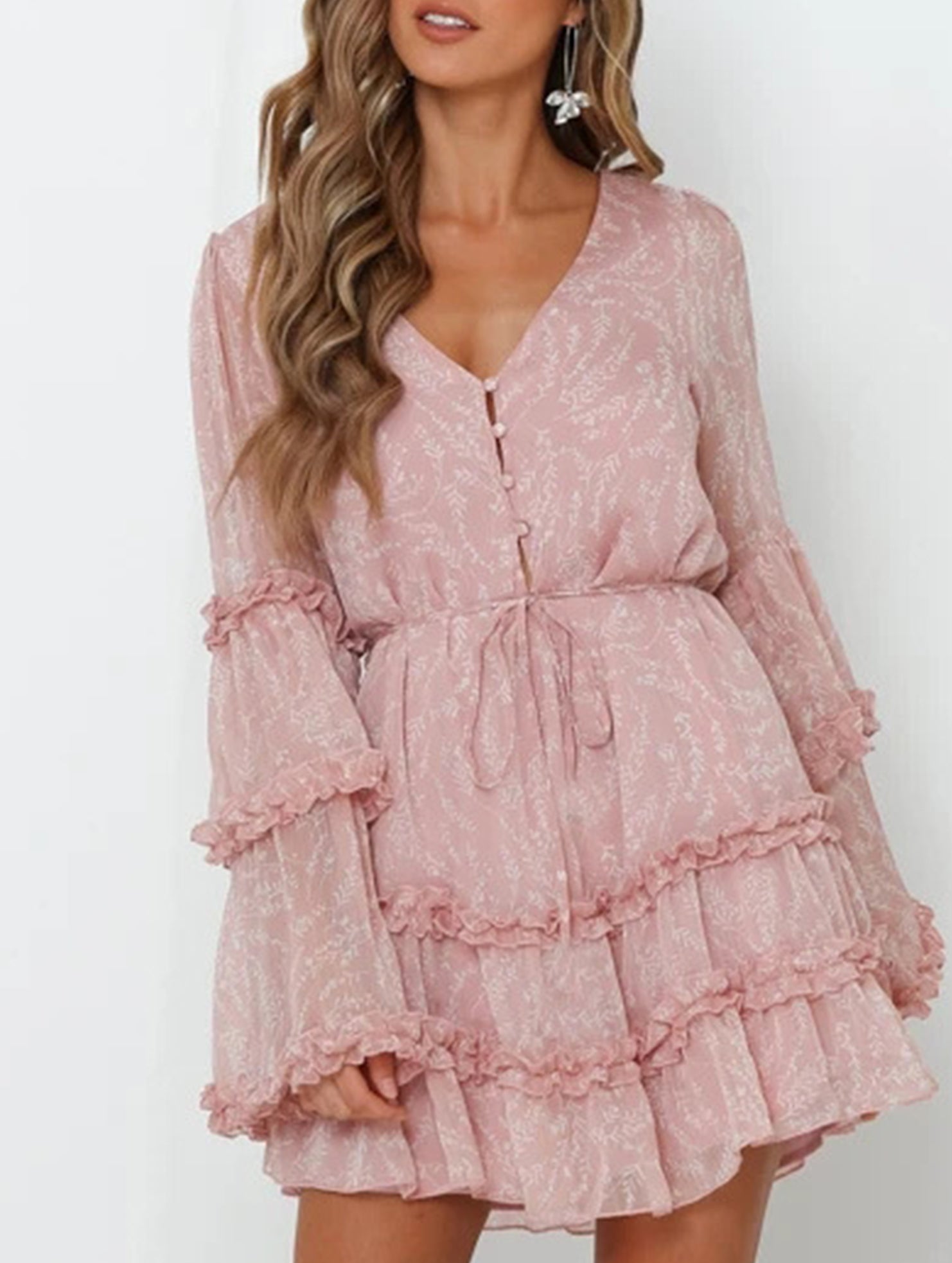 Lace-trimmed, belted, fitted chiffon dress for women