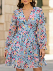 Floral Print Puff Sleeve Chiffon Dress for Women