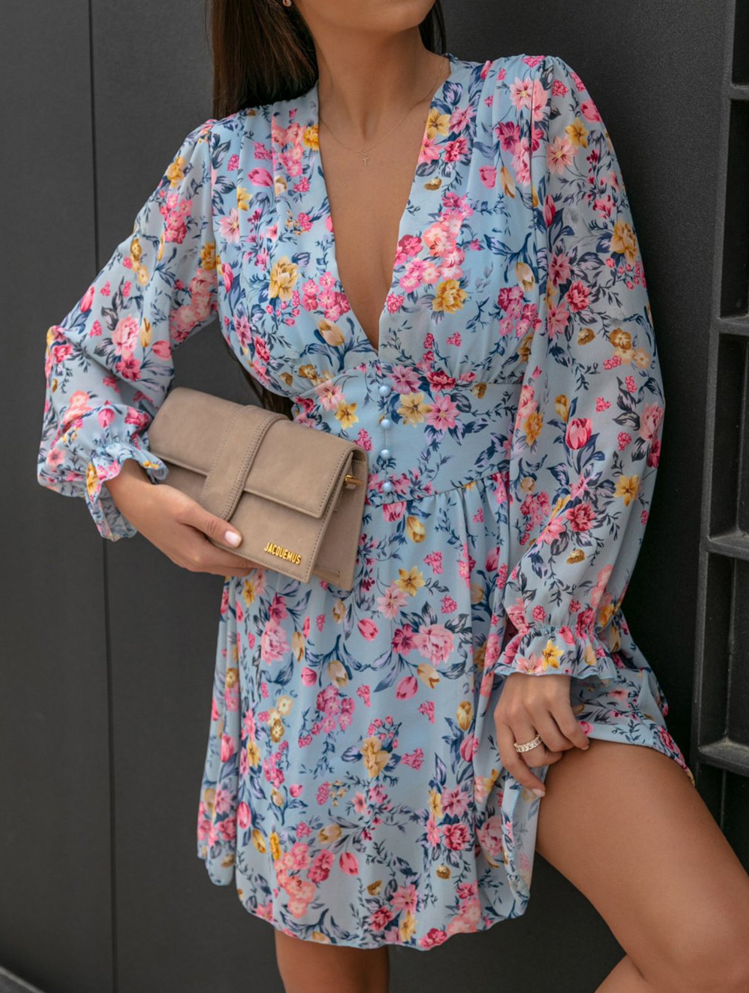 Floral Print Puff Sleeve Chiffon Dress for Women