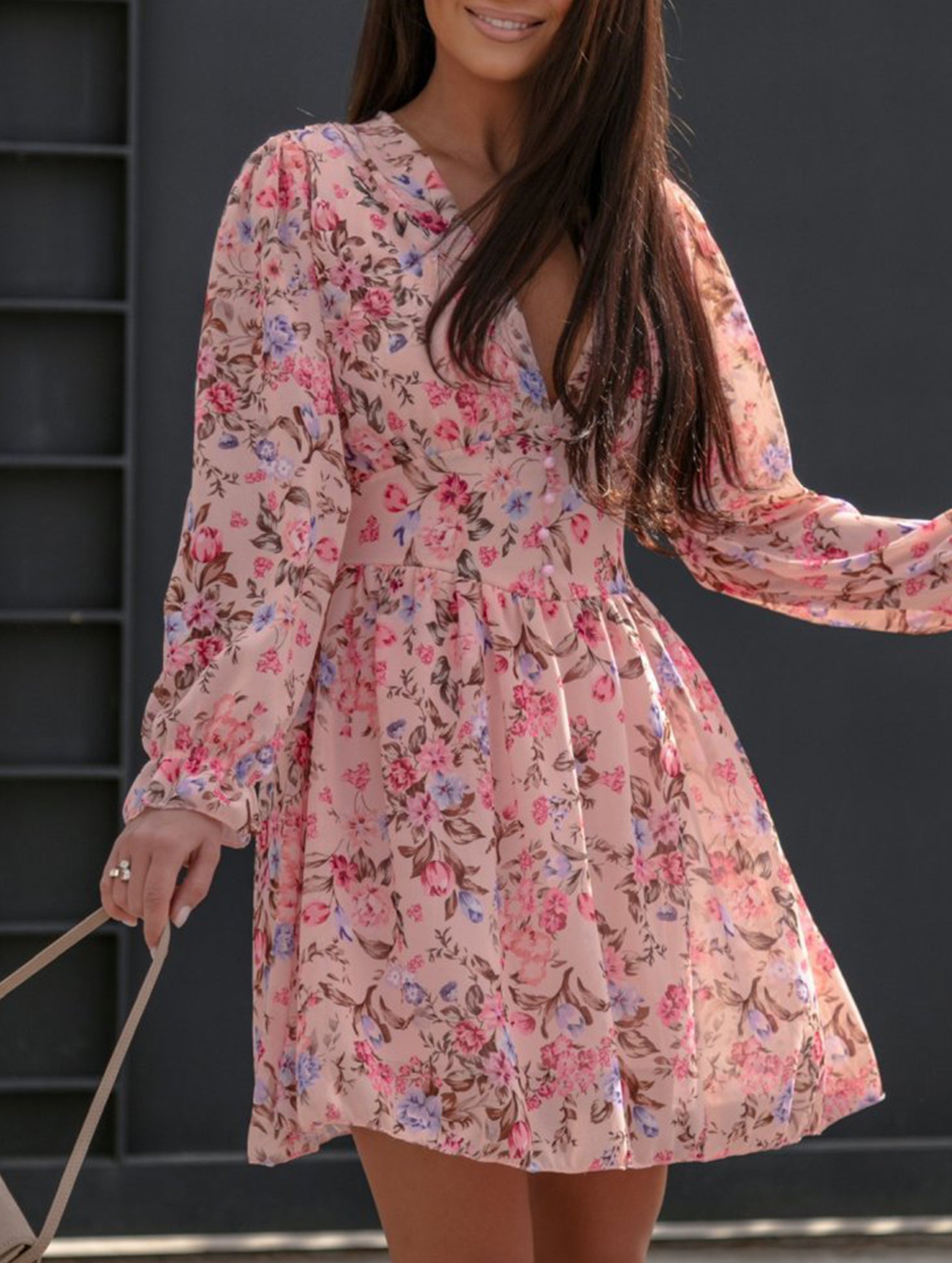 Floral Print Puff Sleeve Chiffon Dress for Women