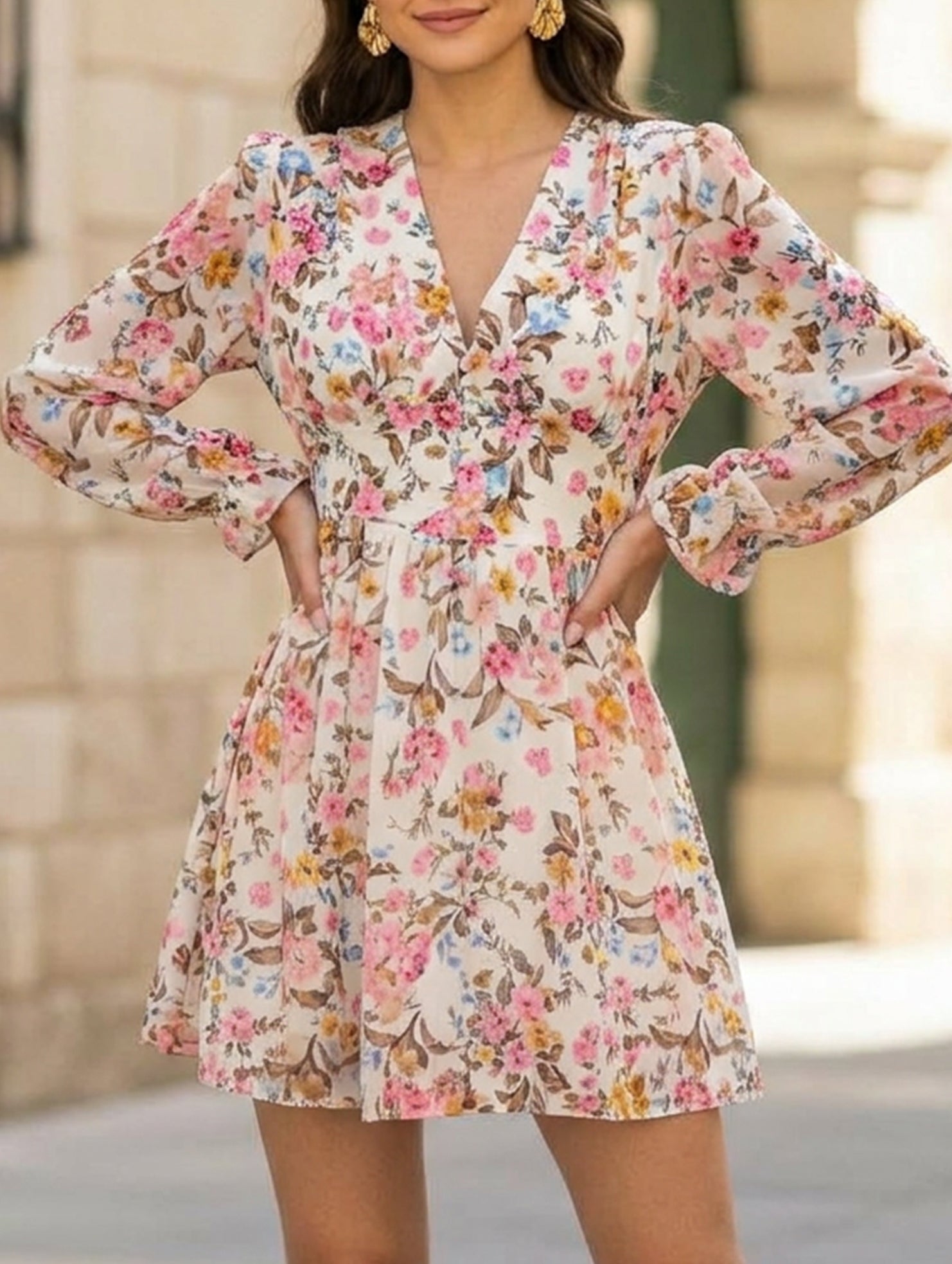 Floral Print Puff Sleeve Chiffon Dress for Women