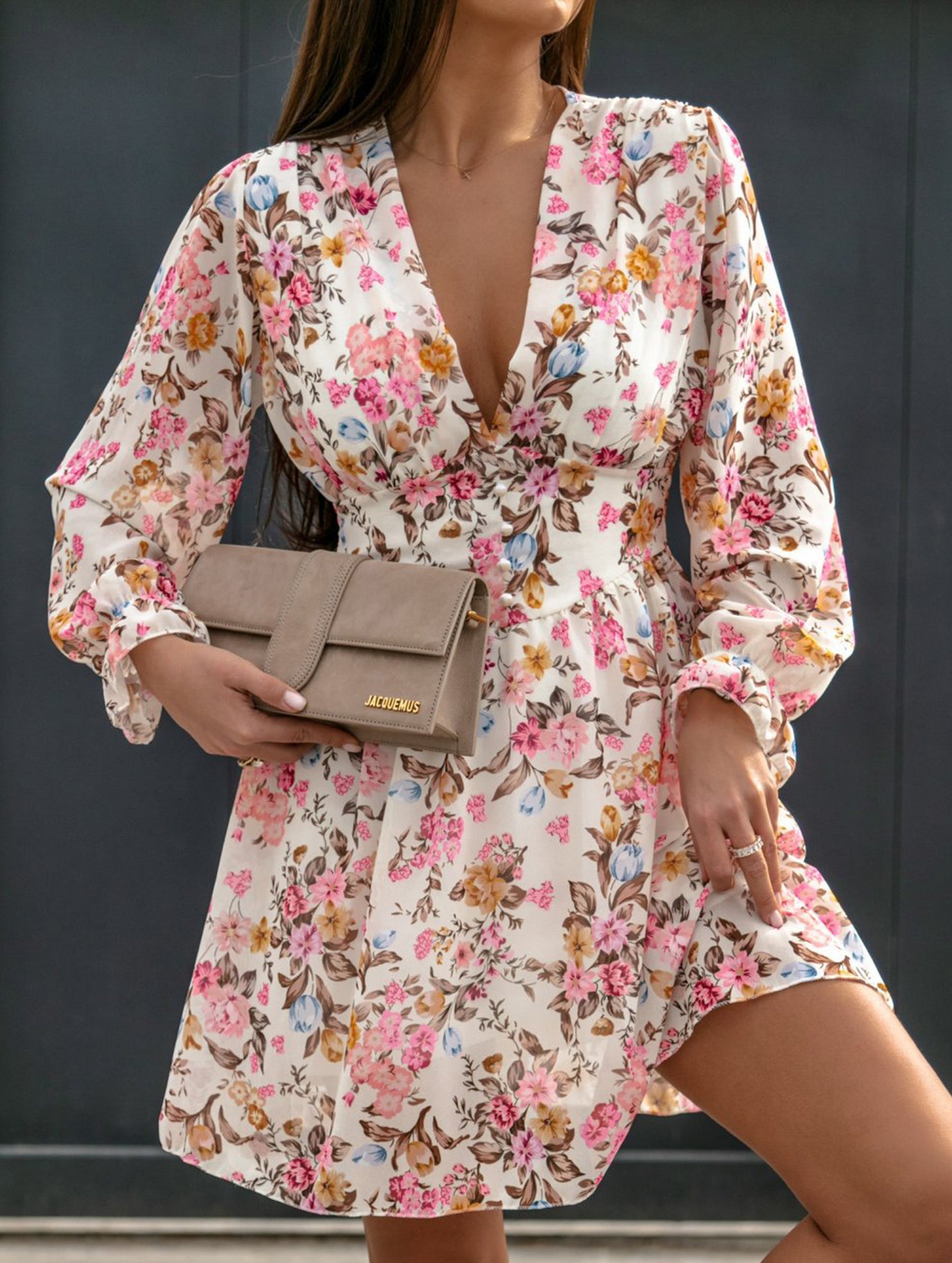 Floral Print Puff Sleeve Chiffon Dress for Women