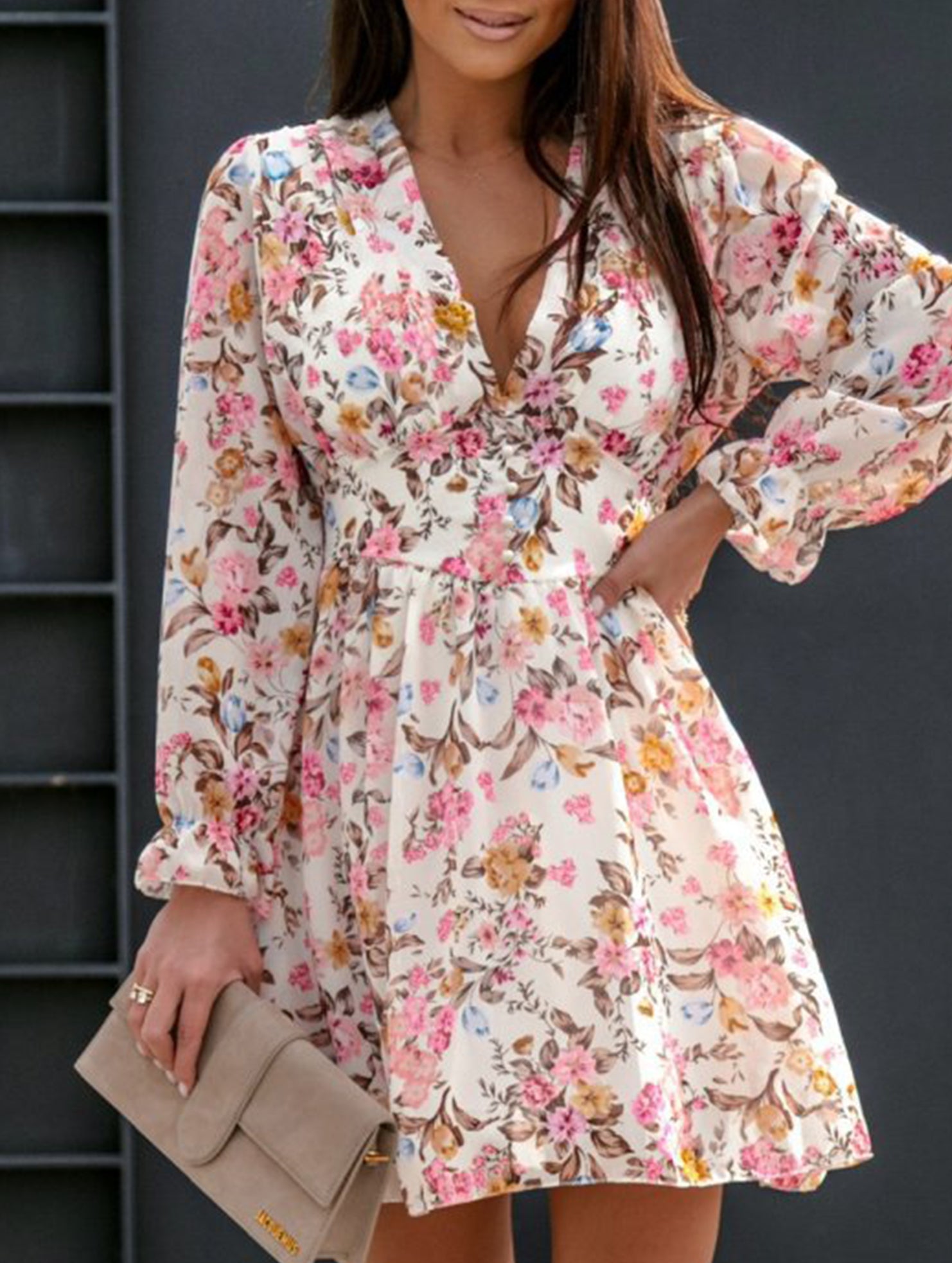 Floral Print Puff Sleeve Chiffon Dress for Women