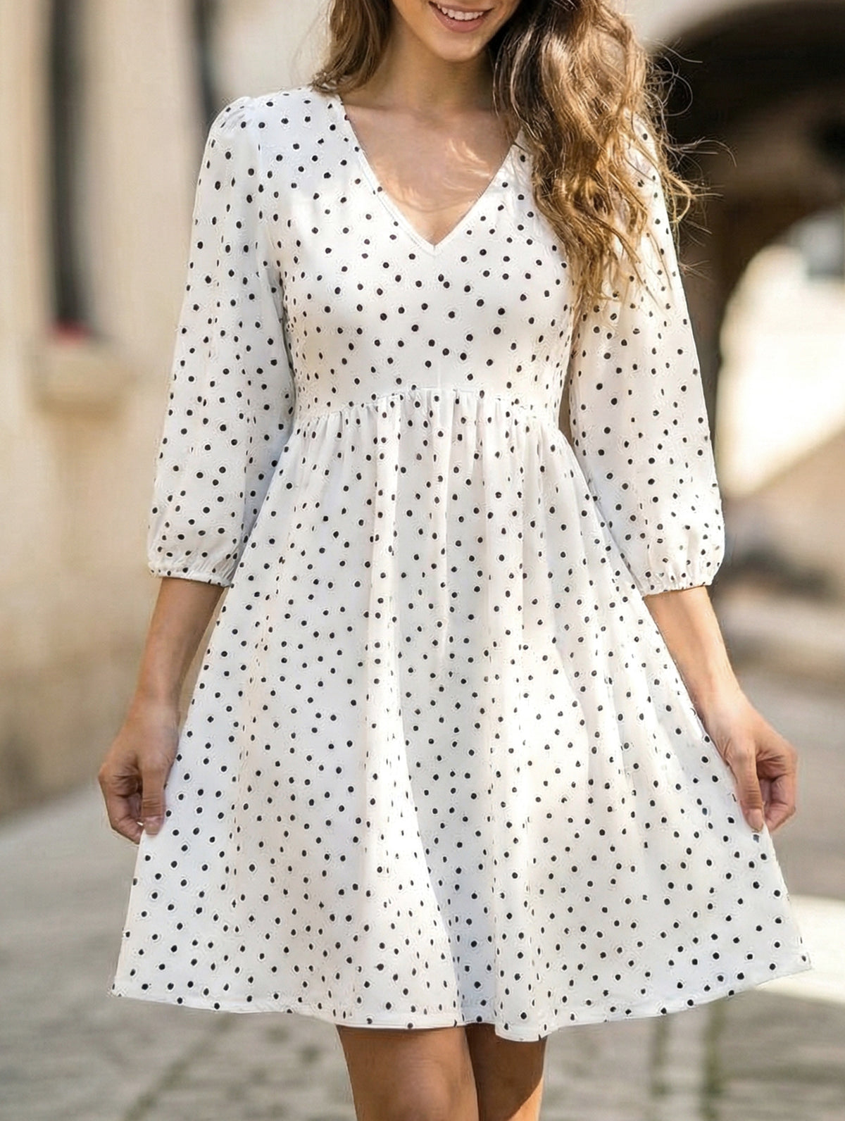 Polka Dot V Neck High Waist Midi Dress