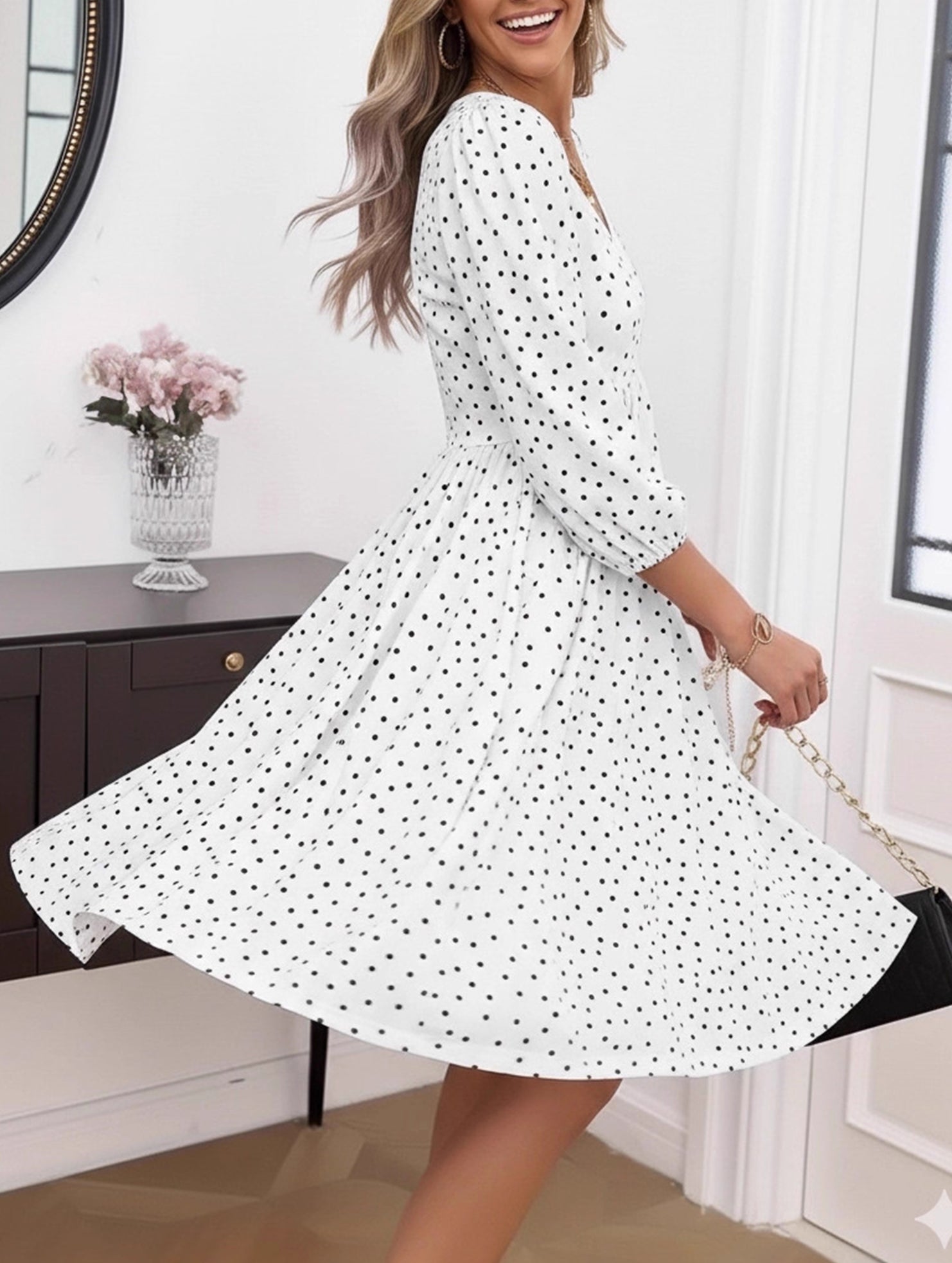 Polka Dot V Neck High Waist Midi Dress