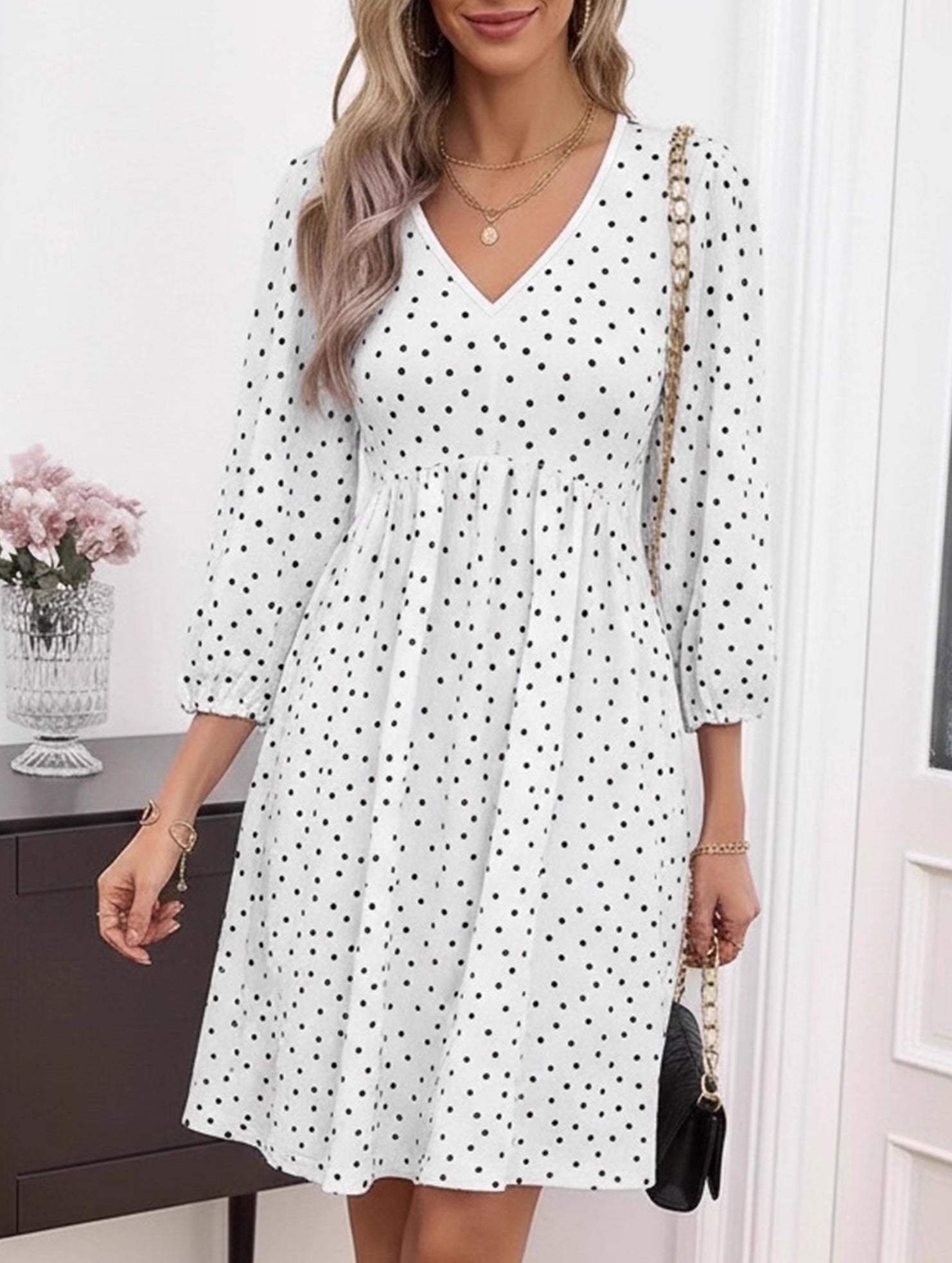 Polka Dot V Neck High Waist Midi Dress
