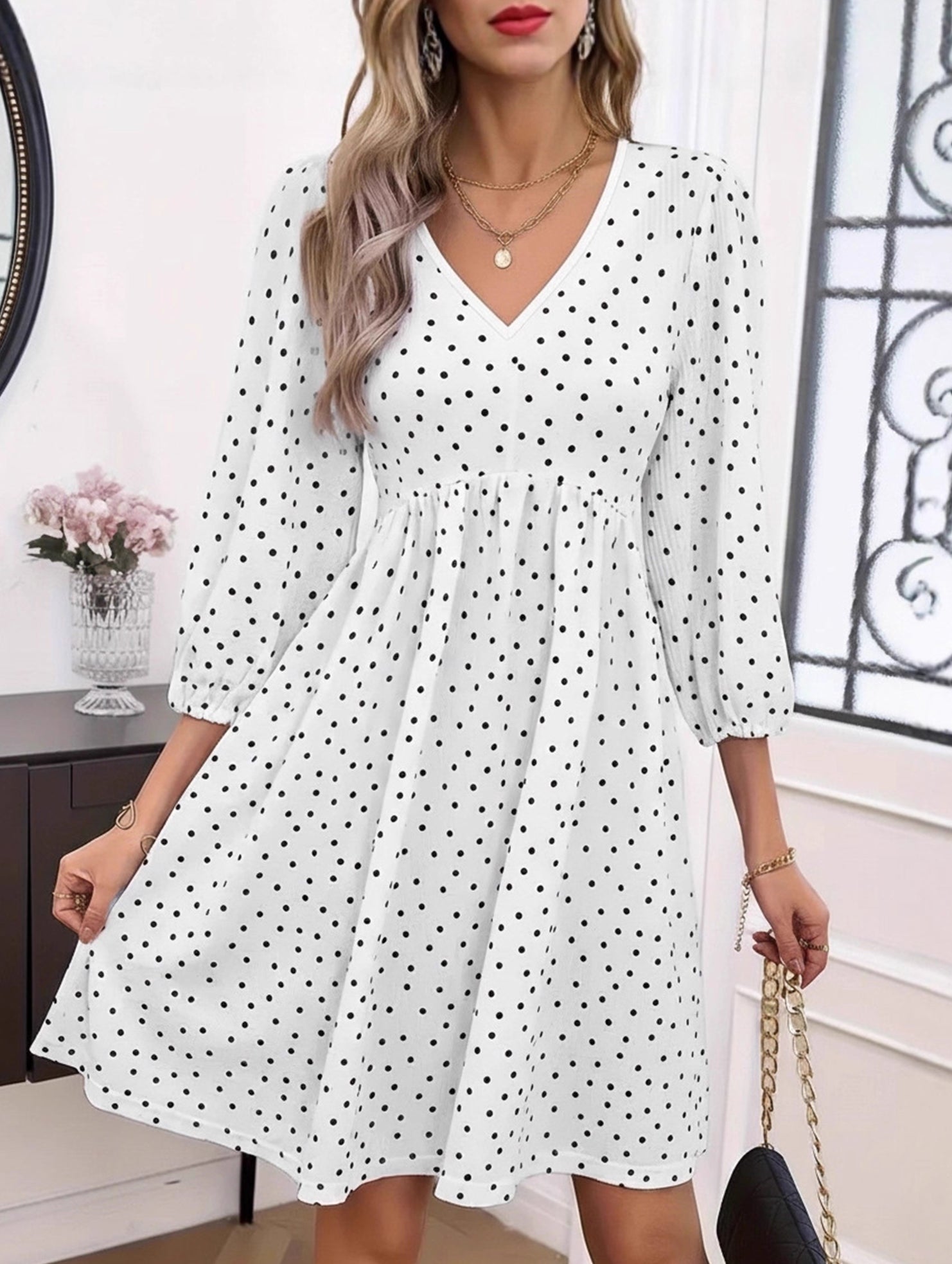 Polka Dot V Neck High Waist Midi Dress
