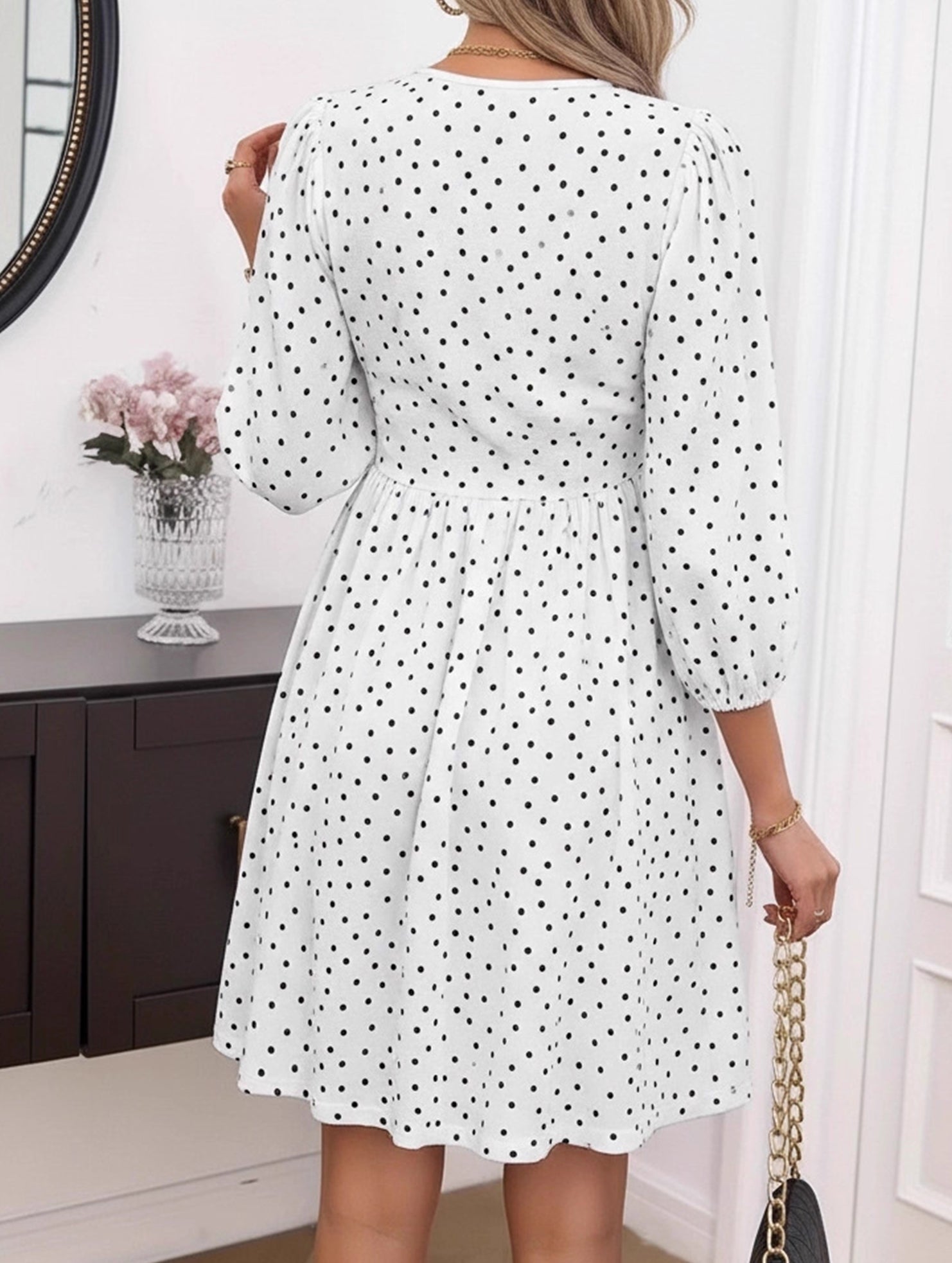 Polka Dot V Neck High Waist Midi Dress
