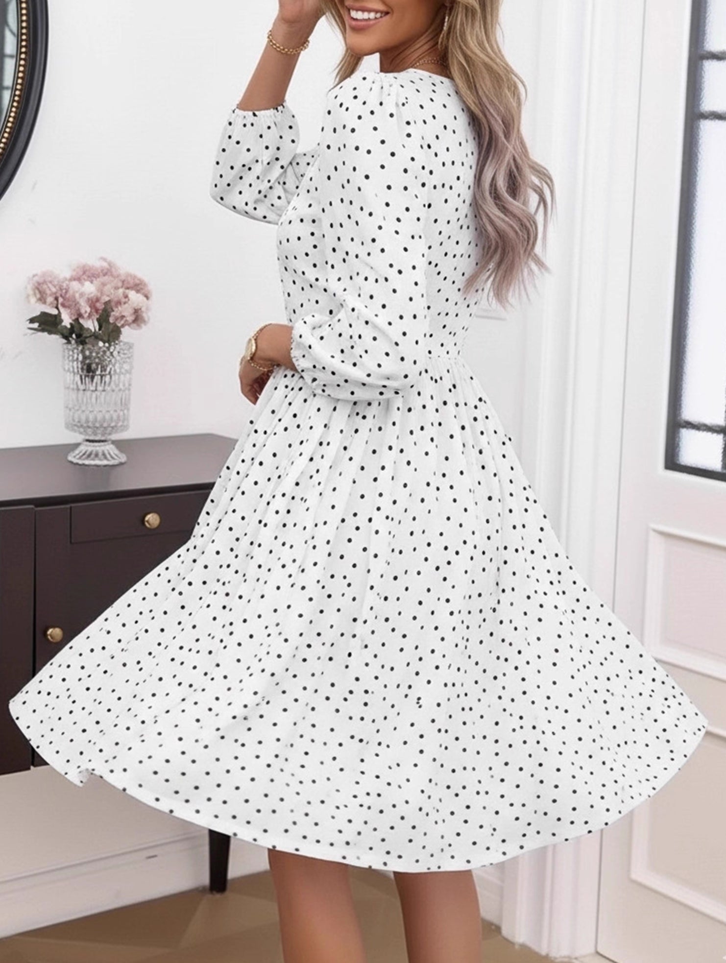 Polka Dot V Neck High Waist Midi Dress