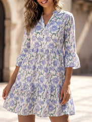 Floral V Neck Bell Sleeve Loose Dress