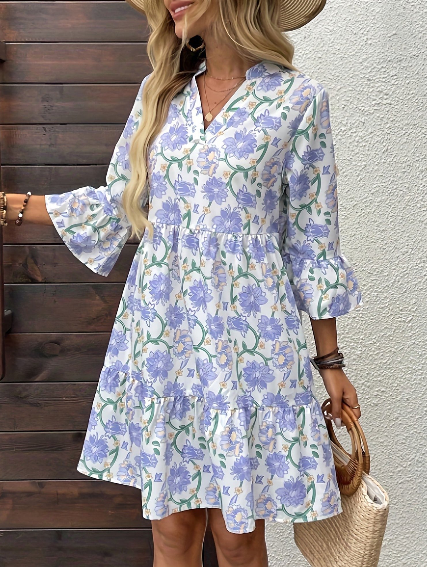 Floral V Neck Bell Sleeve Loose Dress