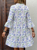 Floral V Neck Bell Sleeve Loose Dress