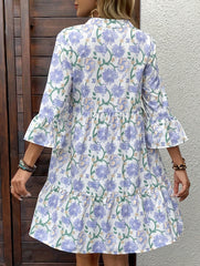 Floral V Neck Bell Sleeve Loose Dress