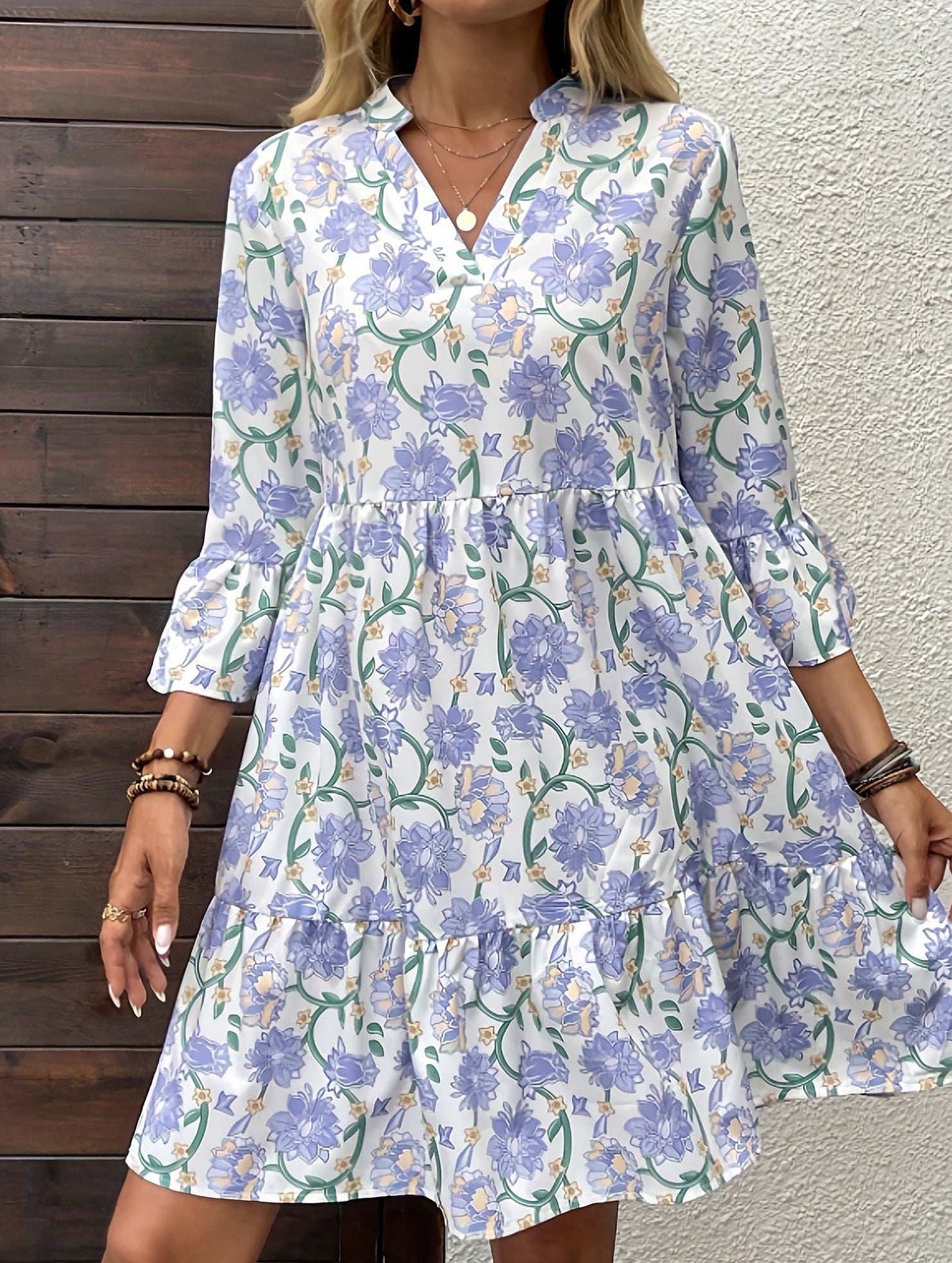 Floral V Neck Bell Sleeve Loose Dress
