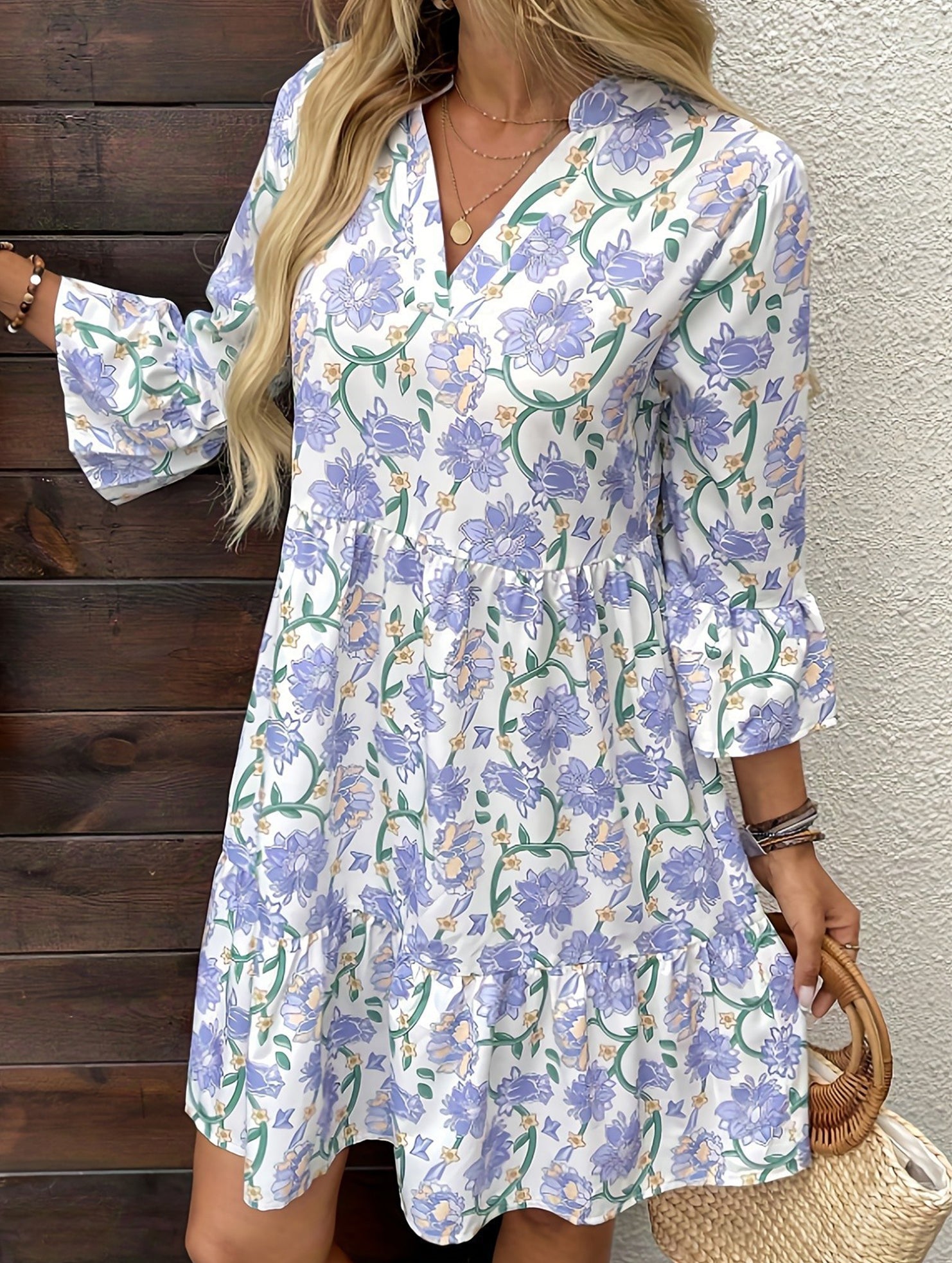 Floral V Neck Bell Sleeve Loose Dress