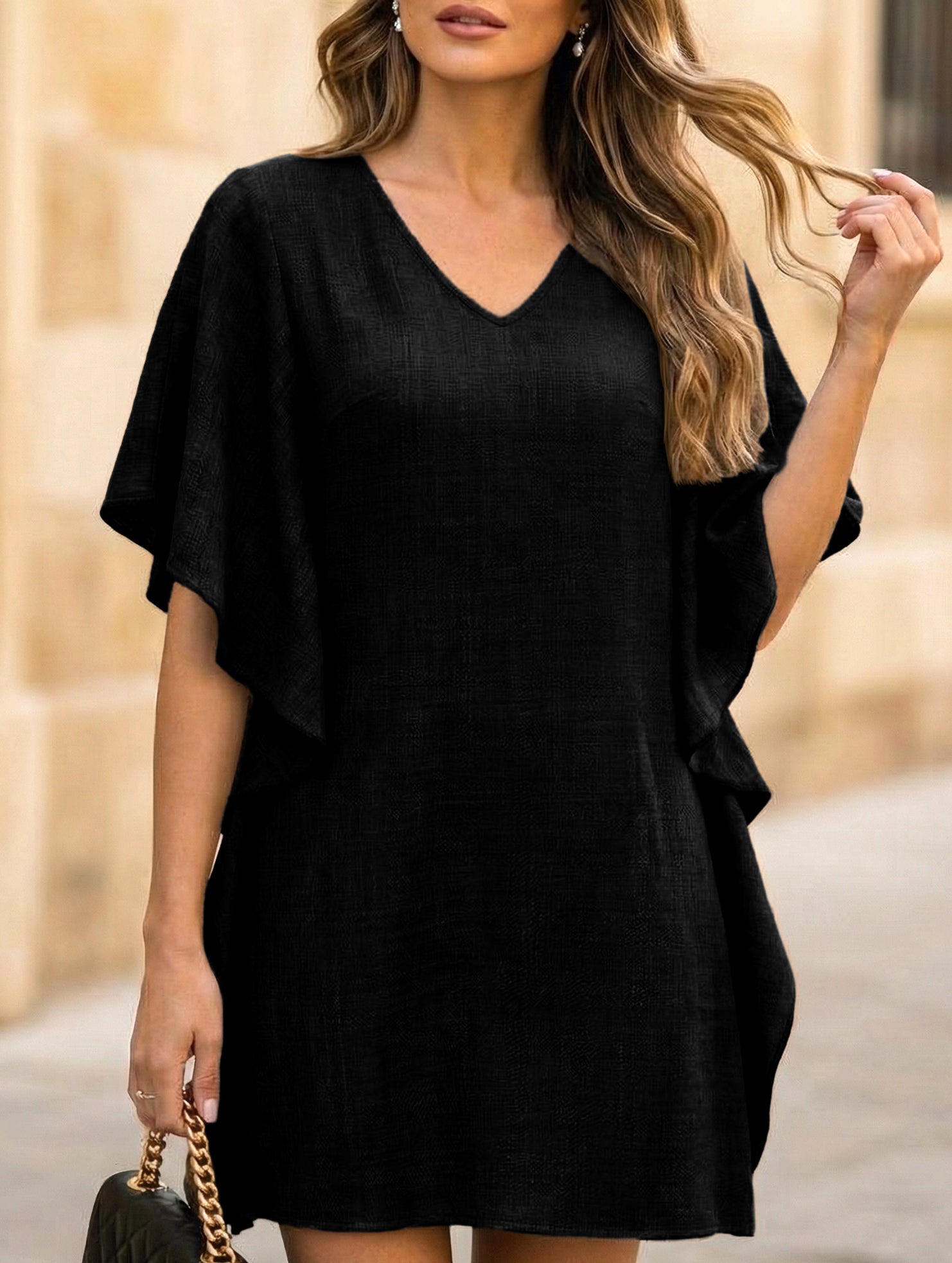 Solid Loose Ruffle V Neck Flowy Dress