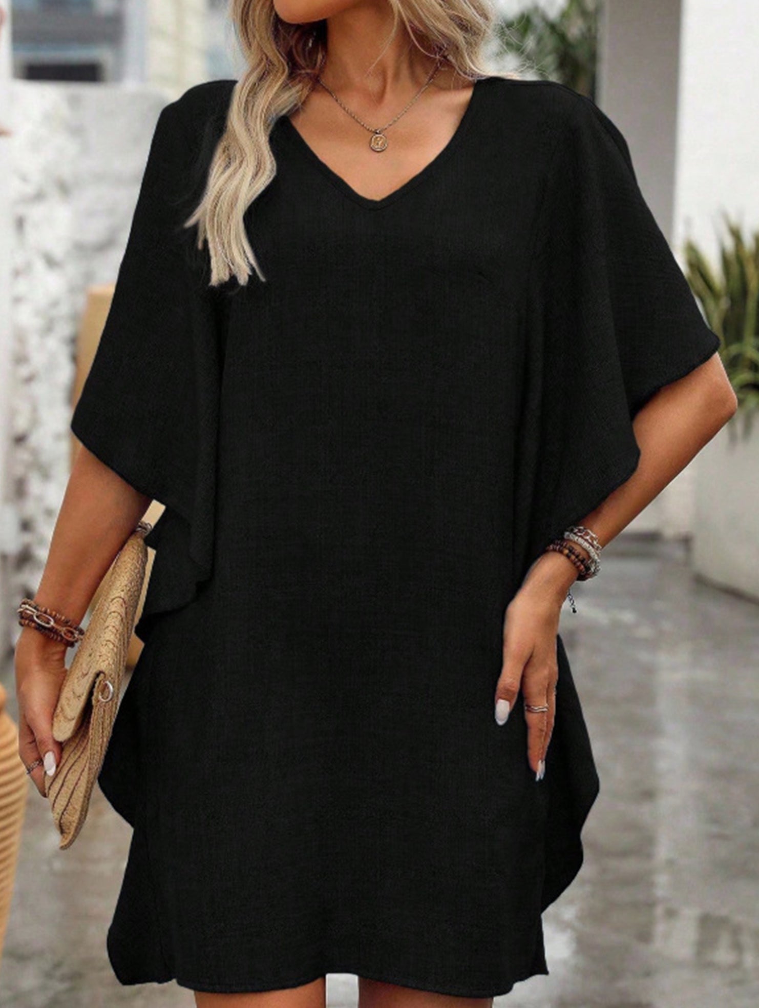Solid Loose Ruffle V Neck Flowy Dress