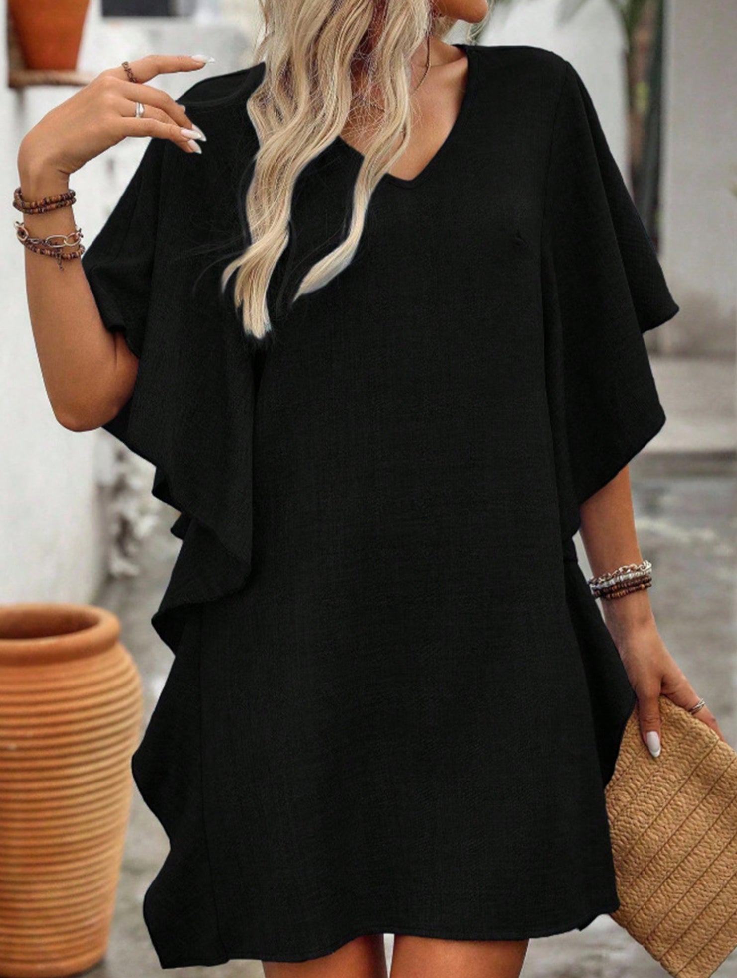 Solid Loose Ruffle V Neck Flowy Dress