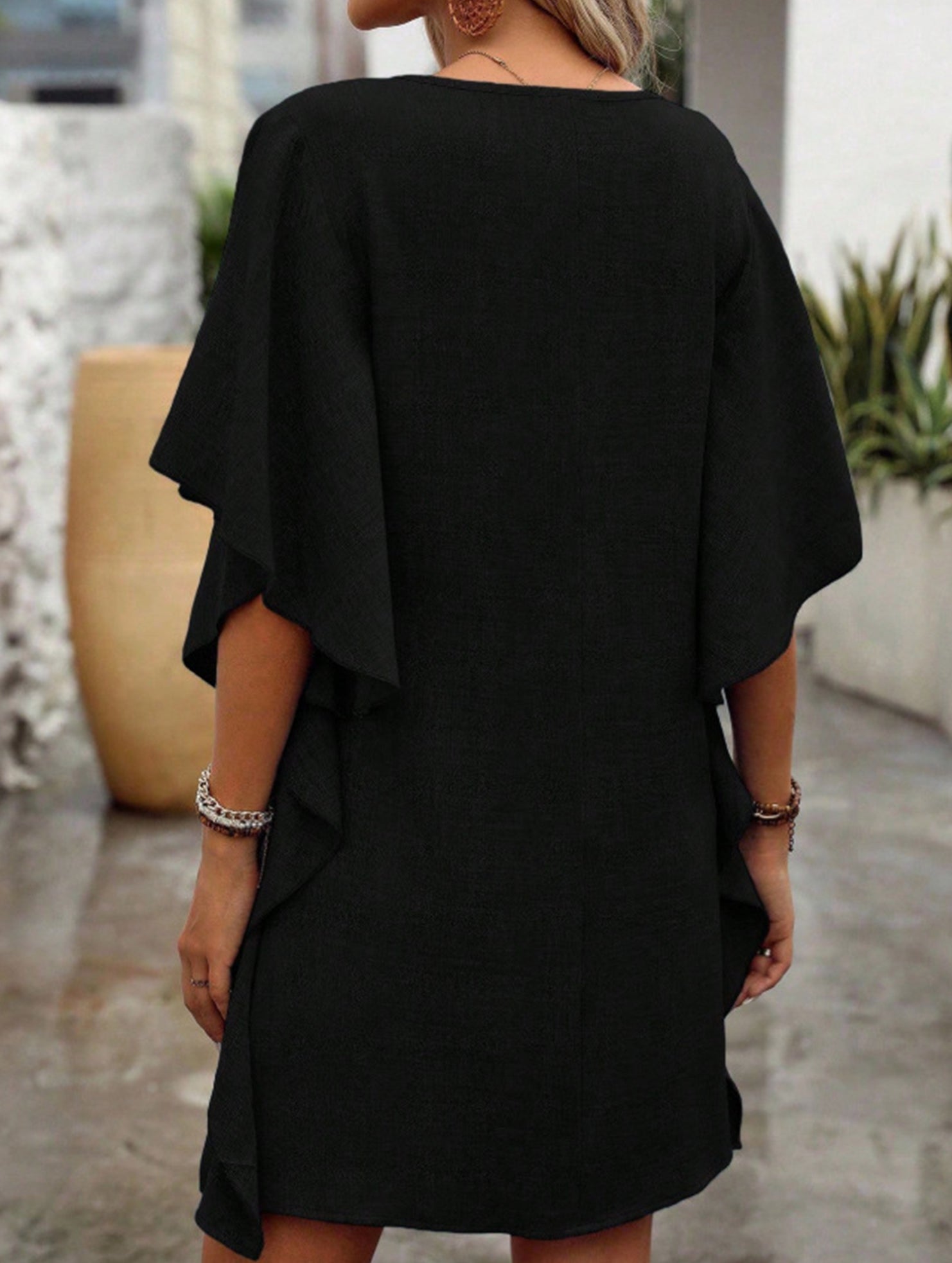 Solid Loose Ruffle V Neck Flowy Dress